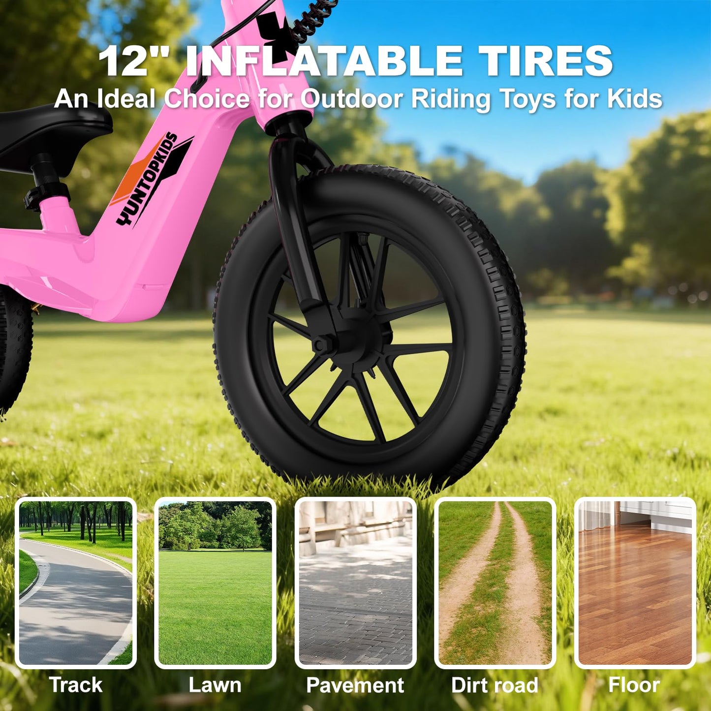 YunTopKids 24V Electric Balance Bike for Kids Ages 3-5, 12" Pneumatic Tires, Safe Kick-to-Start, 3 Speeds Up to 9.3 MPH, 180W Motor, LCD, Quick Charging, LED Lights (Pink)
