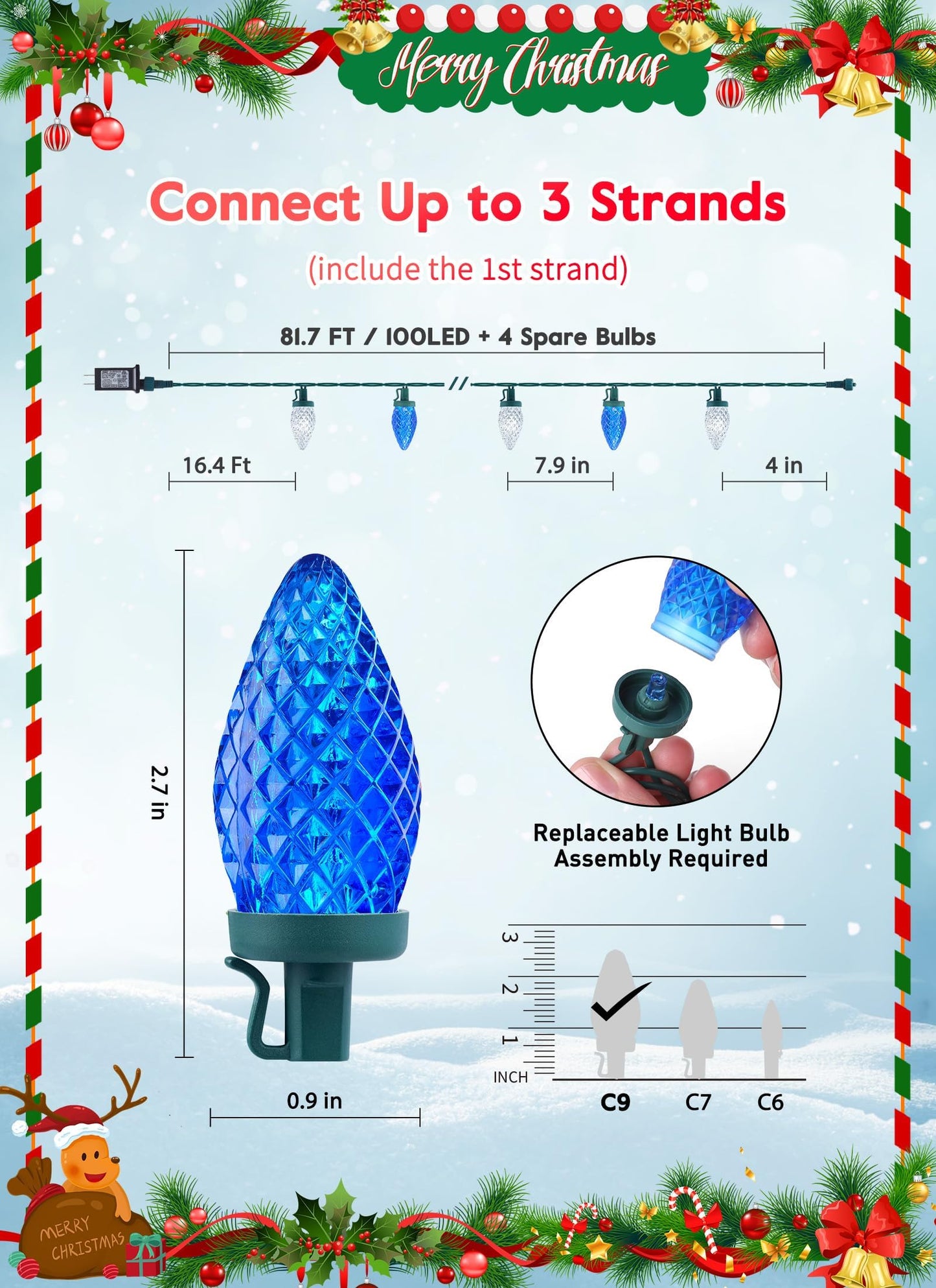 Minetom C9 LED Christmas String Lights - 82ft, 100 LEDs, Timer, 8 Modes, Plug-in, Blue and White