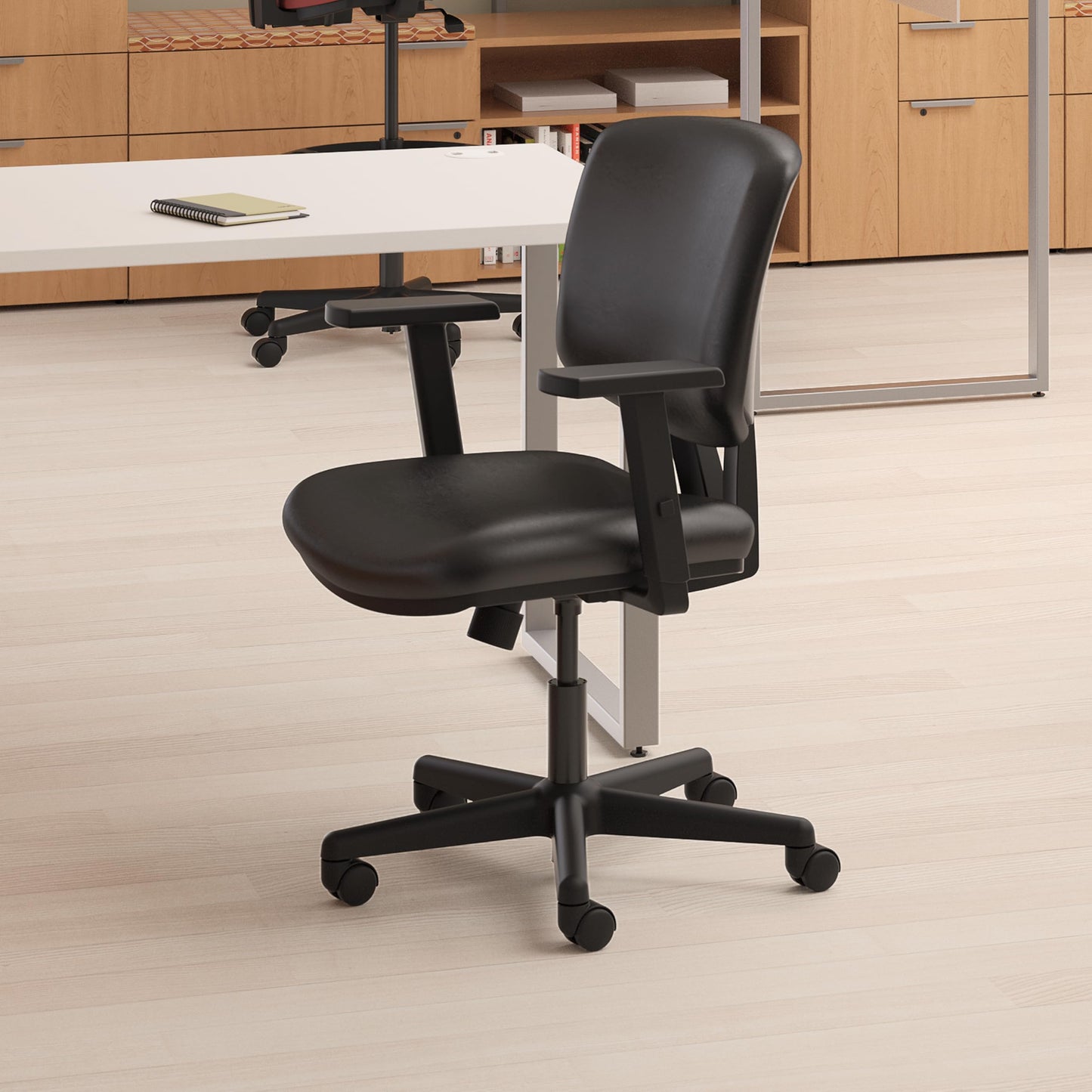 HON Volt Ergonomic Office Chair with Bonded Leather Seat and Back, Armless Desk and Computer Chair with Adjustable Center‑Tilt Recline and Wheels for Home Office or Workstation, Black