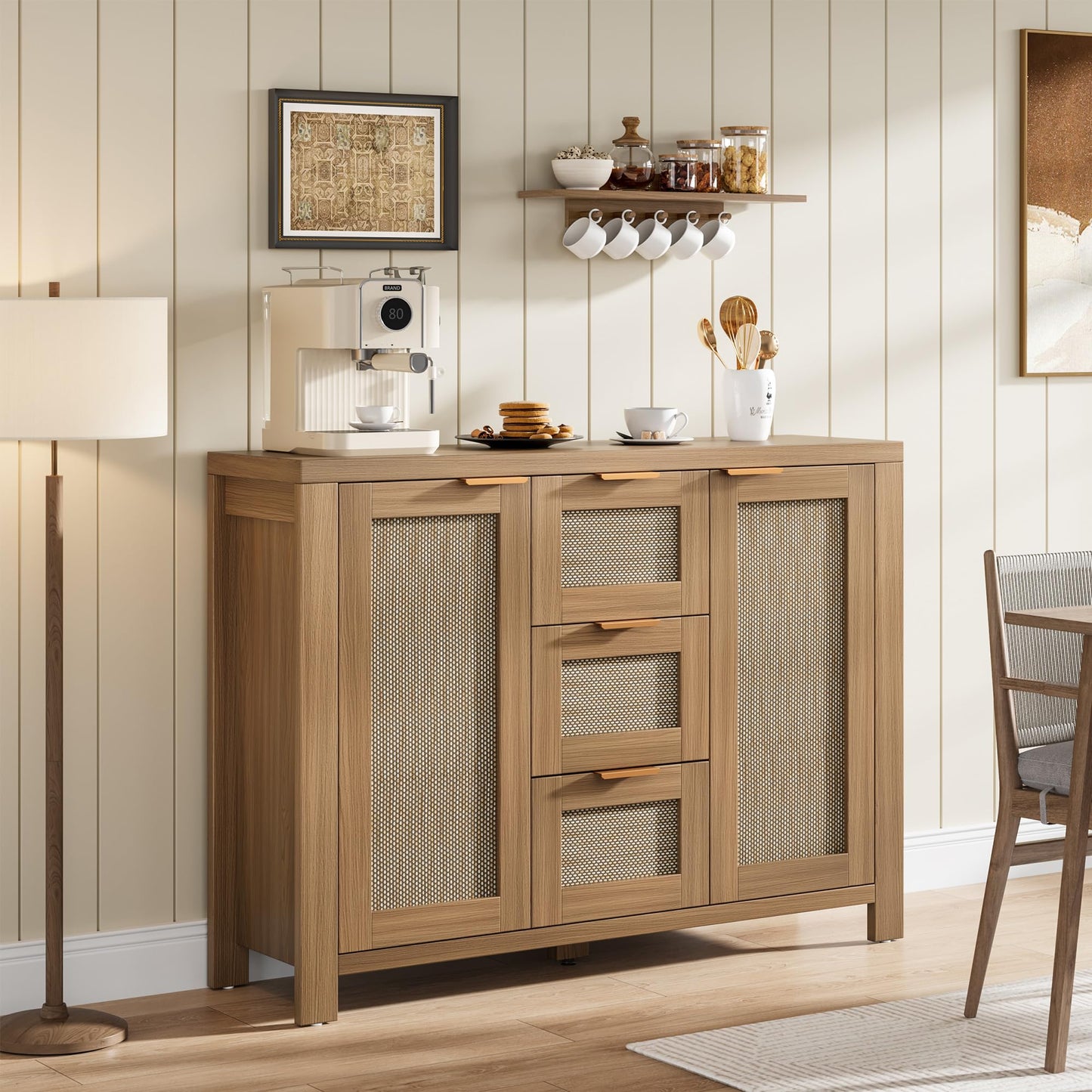 Garvee Rattan Buffet Sideboard Cabinet, Coffee Bar Cabinet with 3 Drawers, Boho Kitchen Accent Storage Cabinet for Dining Room, Living Room, Entryway, Light/Dark Oak