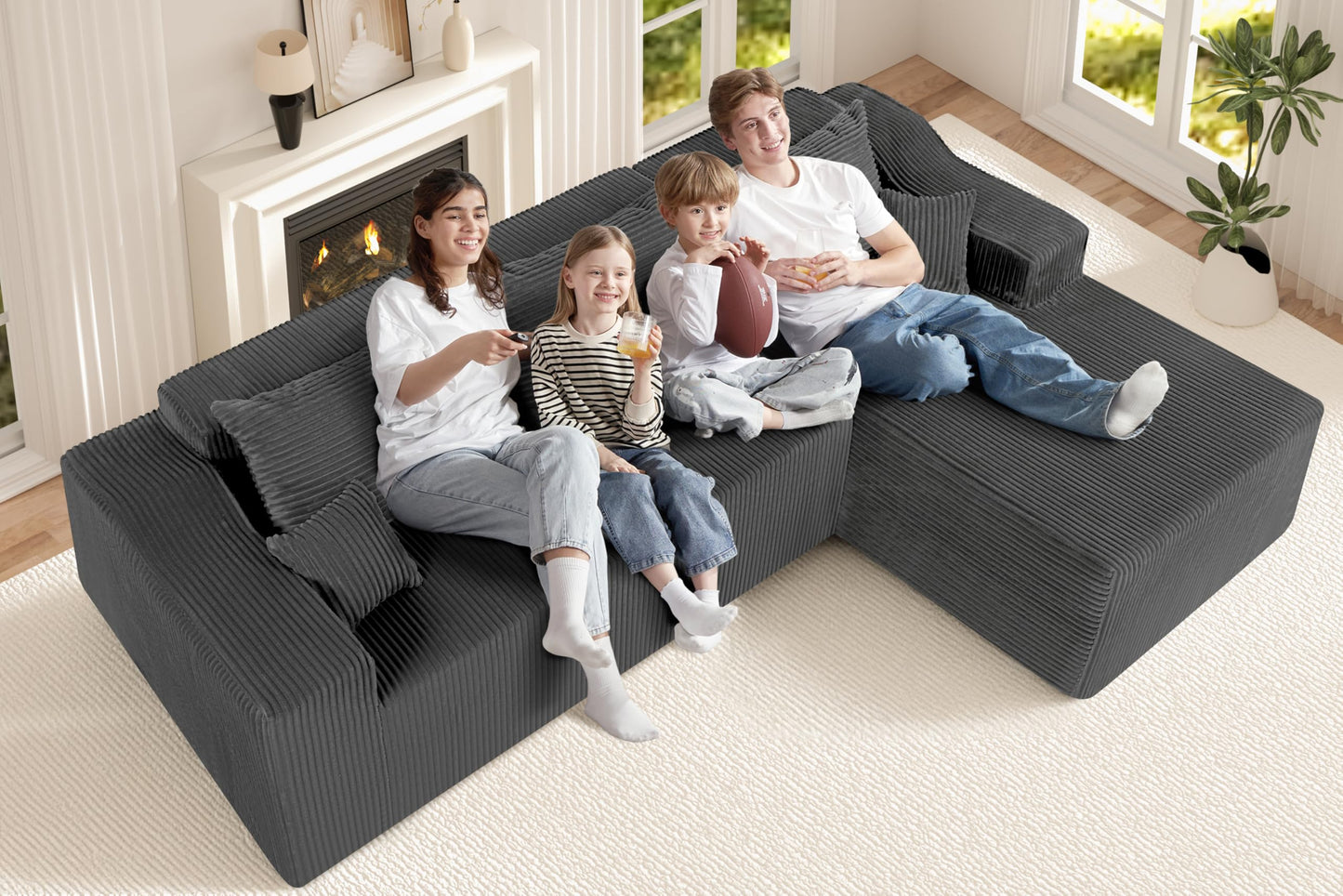 HABUTWAY 105" Modular Sectional Couches for Living Room, Boneless Couch with L-Shape Chaise,Comfy Sofa Living Room Sofas with Deep Seat,No Assembly, Corduroy Fabric(Grey,Right)
