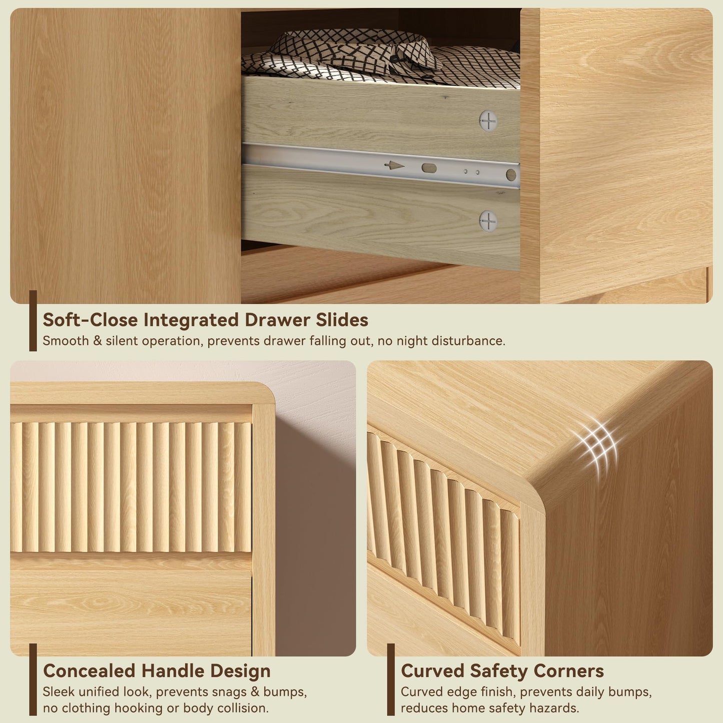 BAZELOR Fluted 8 Drawer Dresser for Bedroom, 50” Wide Modern Dresser & Chest of Drawers with Curved Profile Design, Wood Mid Century Dressers for Bedroom, Living Room, Oak