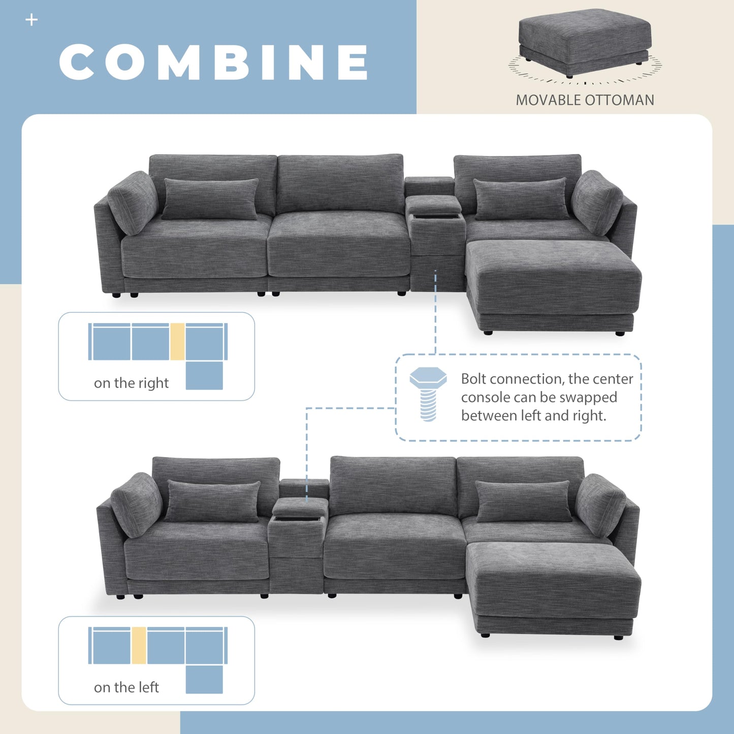 124" L-Shaped Corner Sectional Sofa with Multi-Functional Storage Console for Home Apartment, Luxury Chenille Upholstered Cloud Couches W/Wireless Charger & Ottoman