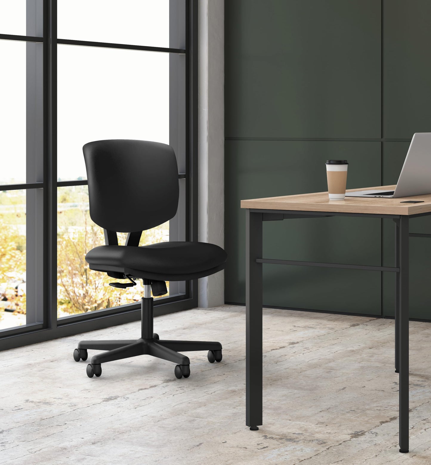 HON Volt Ergonomic Office Chair with Bonded Leather Seat and Back, Armless Desk and Computer Chair with Adjustable Center‑Tilt Recline and Wheels for Home Office or Workstation, Black