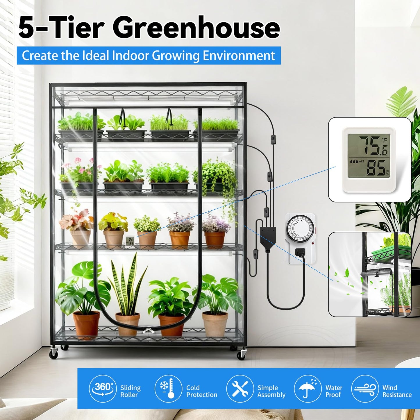JESLED Indoor Greenhouse with Grow Light, 4FT Full Spectrum 5000K LED Light for Seed Starting, Tiered Lighting Control, Built-in Timer & Thermo-Hygrometer, Rolling Metal Plant Stand (47.2x13.8x70IN)