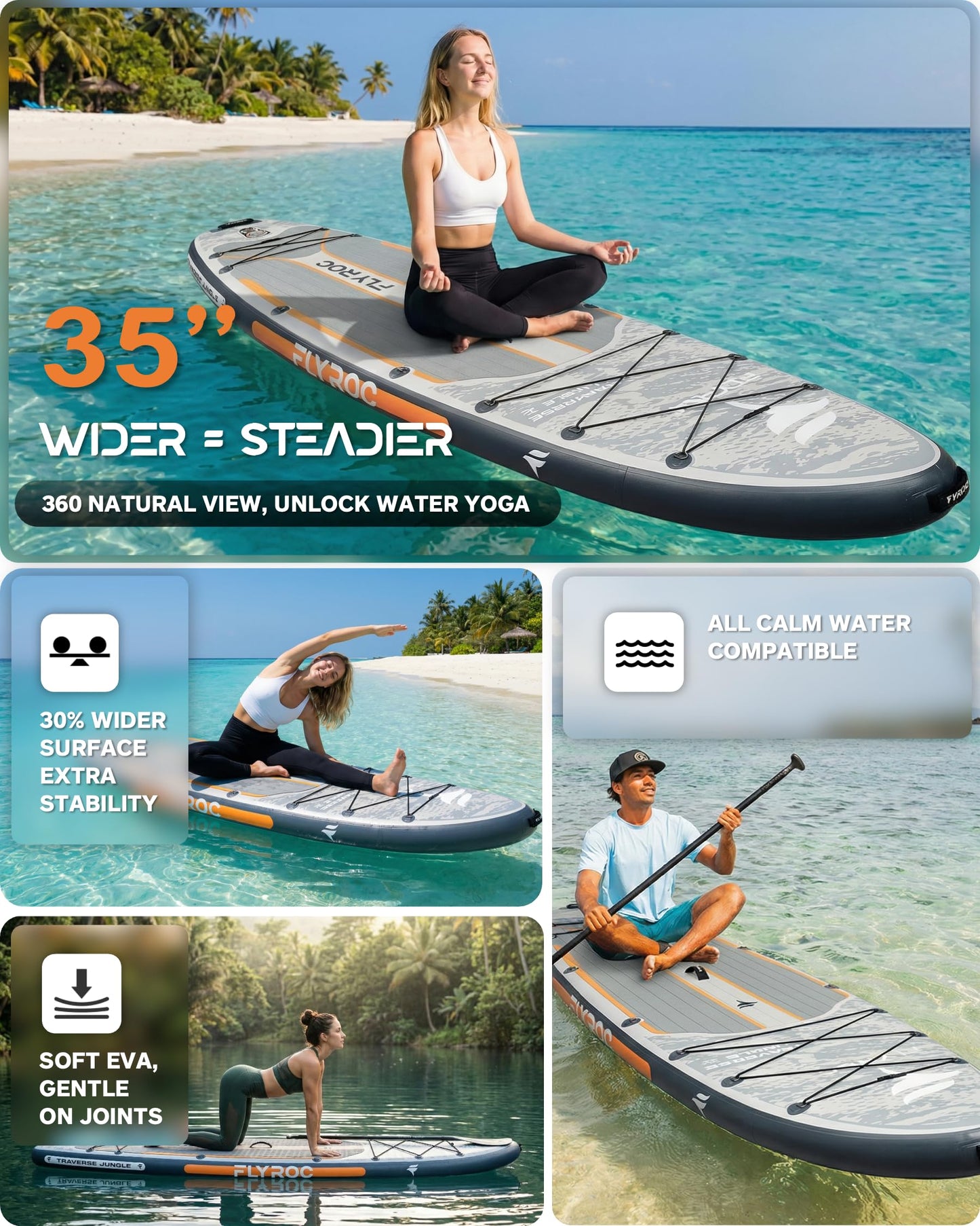 Flyroc 11'6"×35" Inflatable Stand Up Paddle Board, Extra Wide Inflatable Stand Up Paddle Board for Adults - 450LB Capacity Stable SUP Paddleboard for Fishing, Yoga & All Skill Levels, Gray