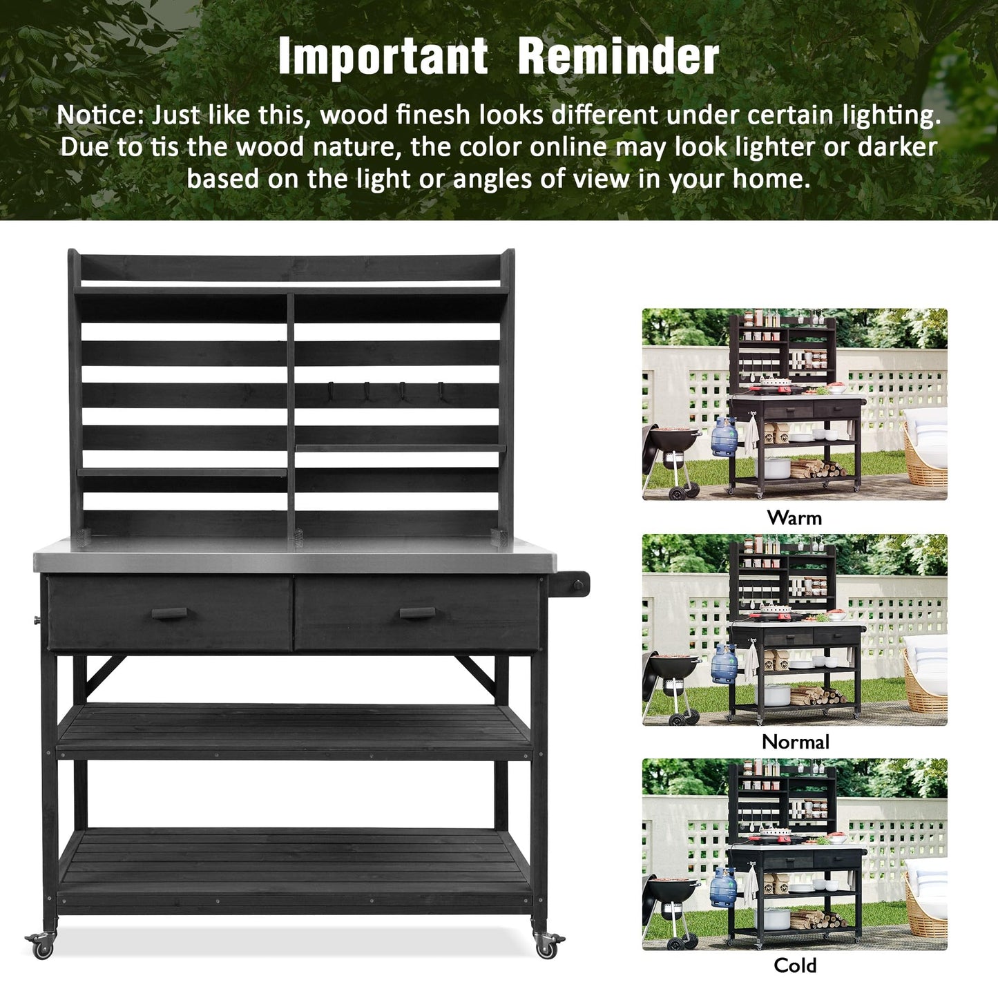 Merax 64.9" H Outdoor Potting Bench Table with Lockable Wheels, Solid Wood Outdoor Kitchen Island with Upper Hutch, Stainless Steel Top, Towel Rack, Outdoor Storage for Grilling, Lawn Garden, Black