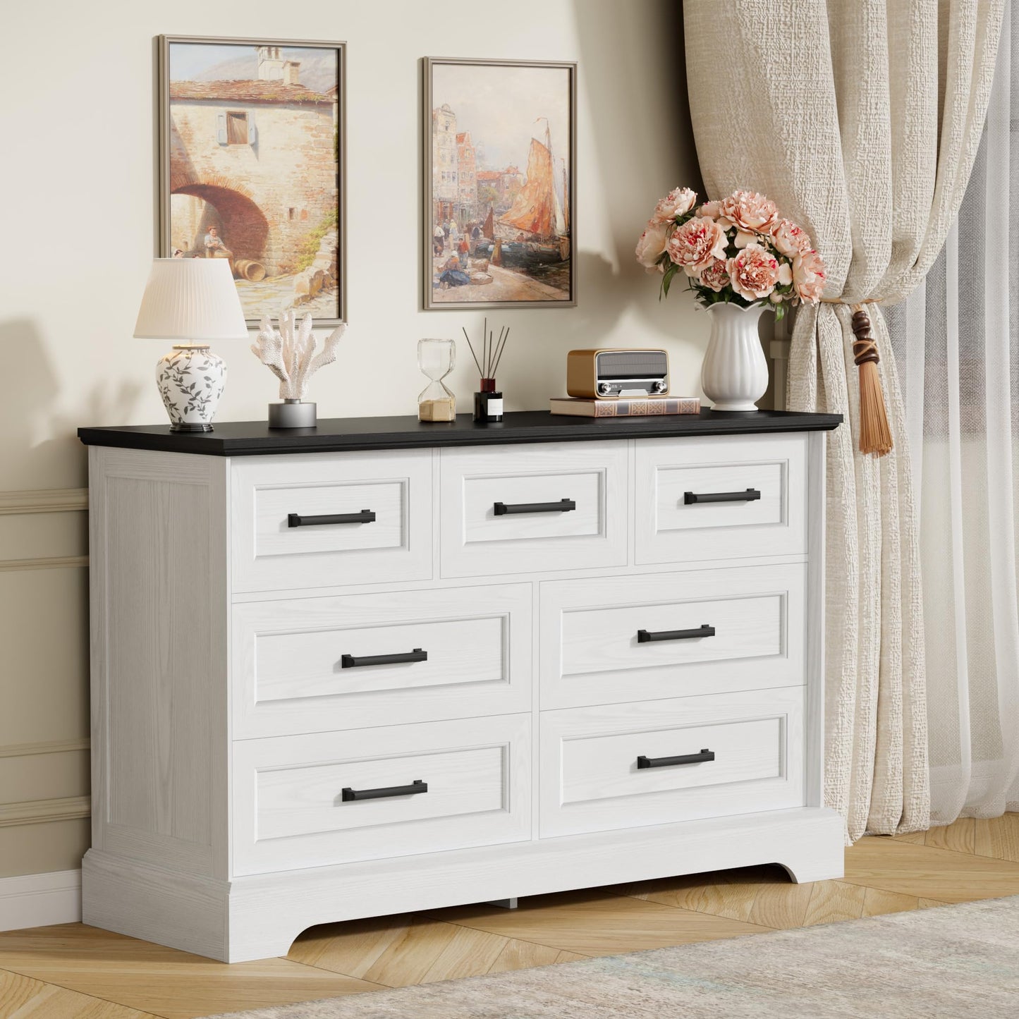 Furmax Farmhouse Dresser for Bedroom, 7 Drawers Dresser, Wood Chest of Drawers, 47.5" Wide Storage Dressers Organizer for Bedroom, Living Room, White and Black
