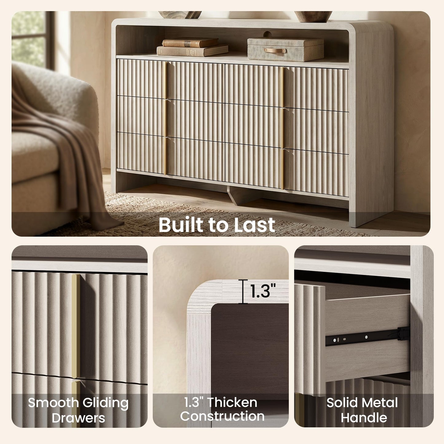 ModernMate 6 Drawer Dresser with Open Shelf, 53.2" Wide Fluted Dresser for Bedroom, Wood Chest of Drawers, Modern Storage Cabinet with Metal Handles, Anti-Tip Clothes Organizer, White Alder