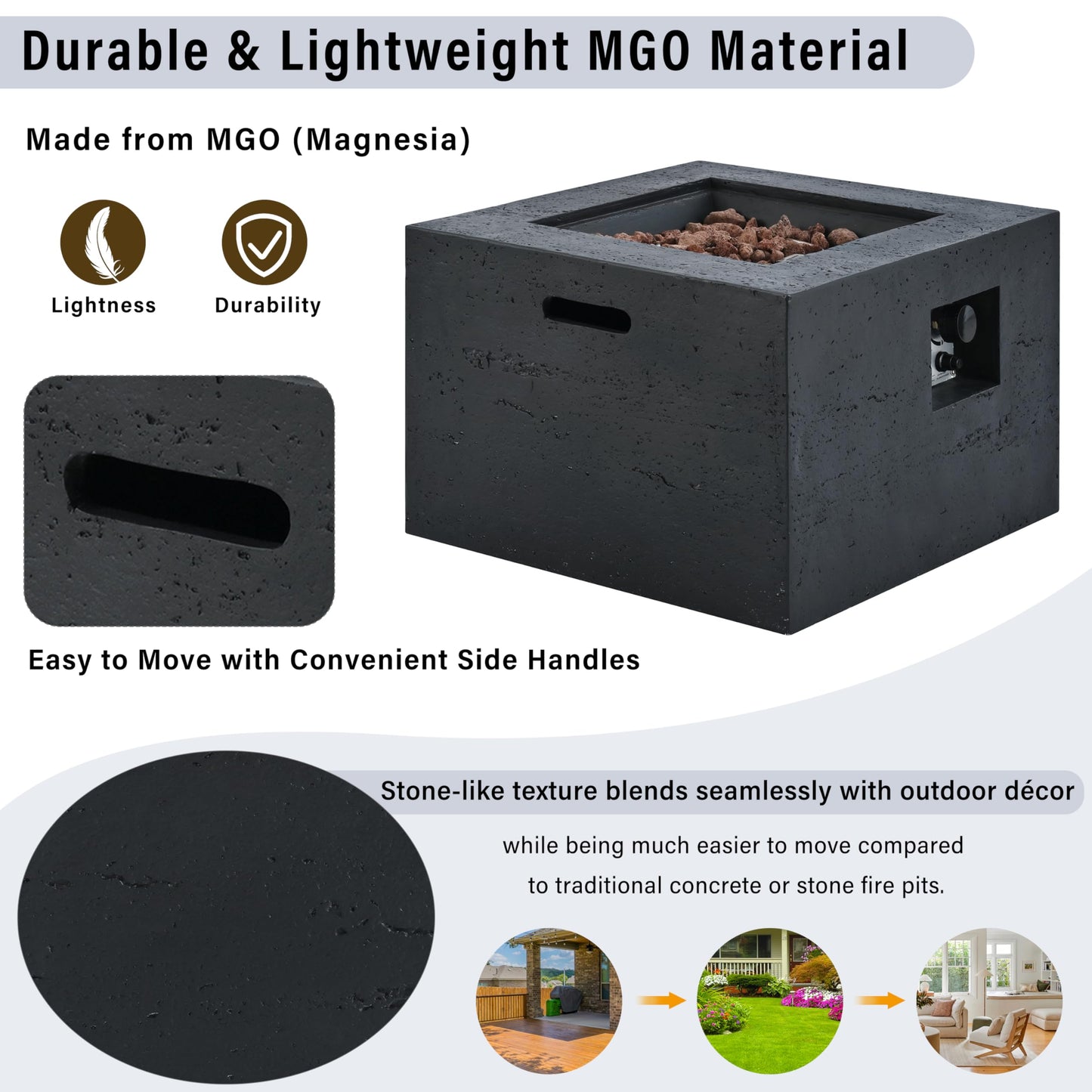 GDFStudio MgO Lightweight Square Propane Fire Pit Table, 40000 BTU Outdoor Propane Fire Pit with Steel Burner, Adjustable Flame Control, Lava Rocks & Rain Cover, Patio Backyard Deck Poolside, Black