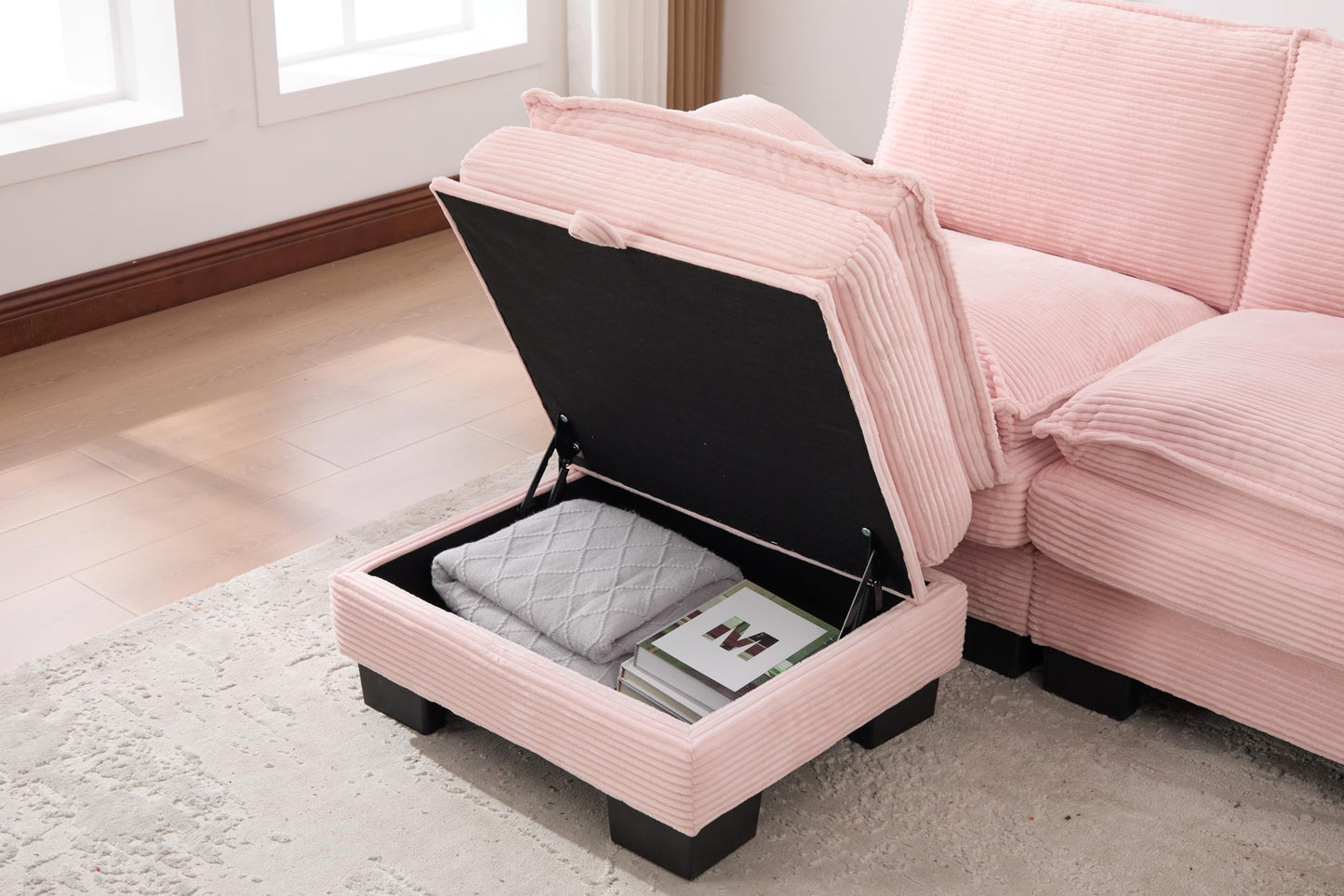 102" Oversized Cloud Modular Sectional Sofa with Movable Ottoman, Free Combination Convertible L Shaped Corner Couch Sets,Comfy Corduroy Upholstered Pink Sofa & Couch for Living Room