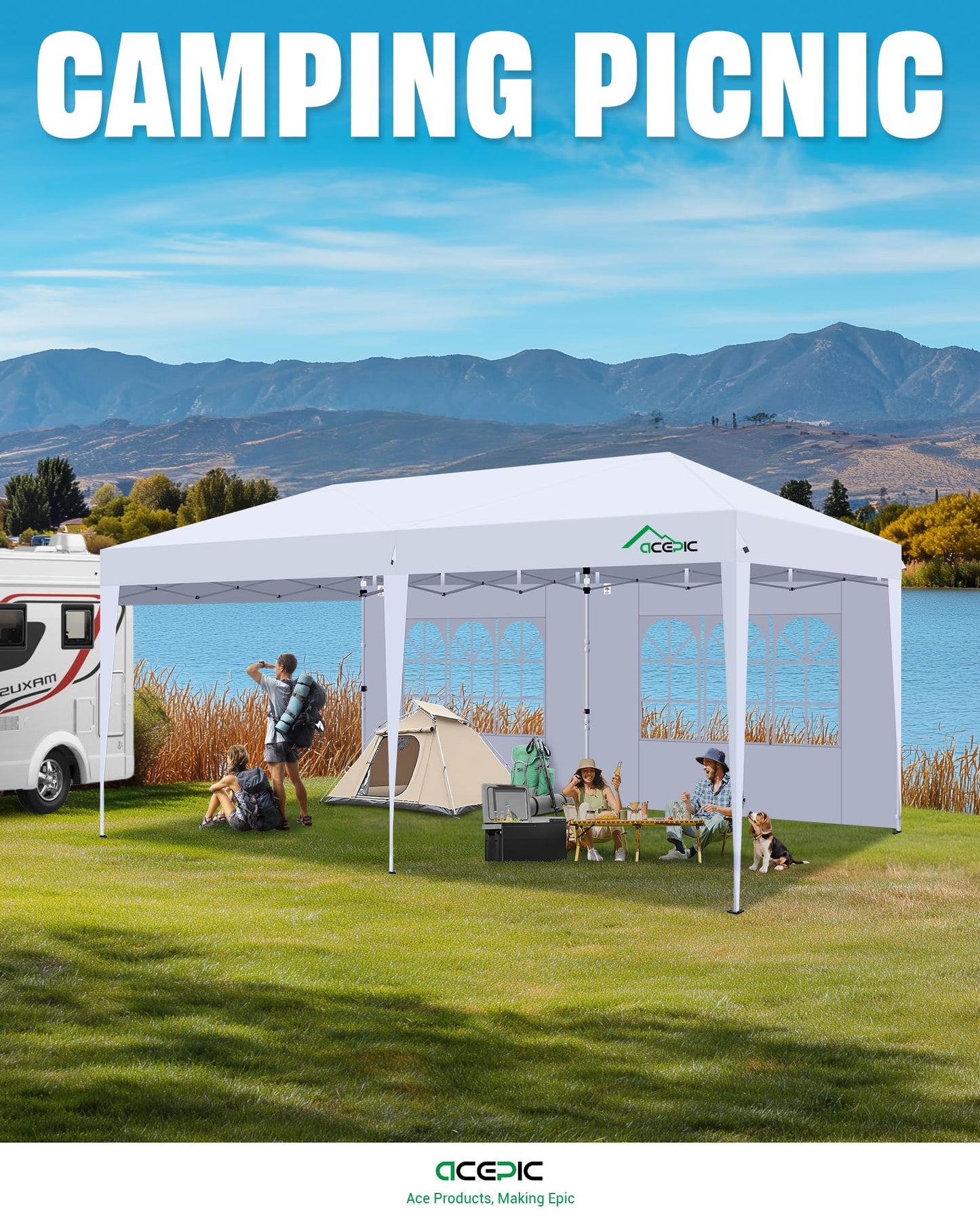 Acepic 10x20 Pop Up Canopy Tent with 6 Removable Sidewalls, One-Push Center Lock Design, Commercial Grade Waterproof Party Gazebo, UV Protection Outdoor Event Shelter with Church Windows, White