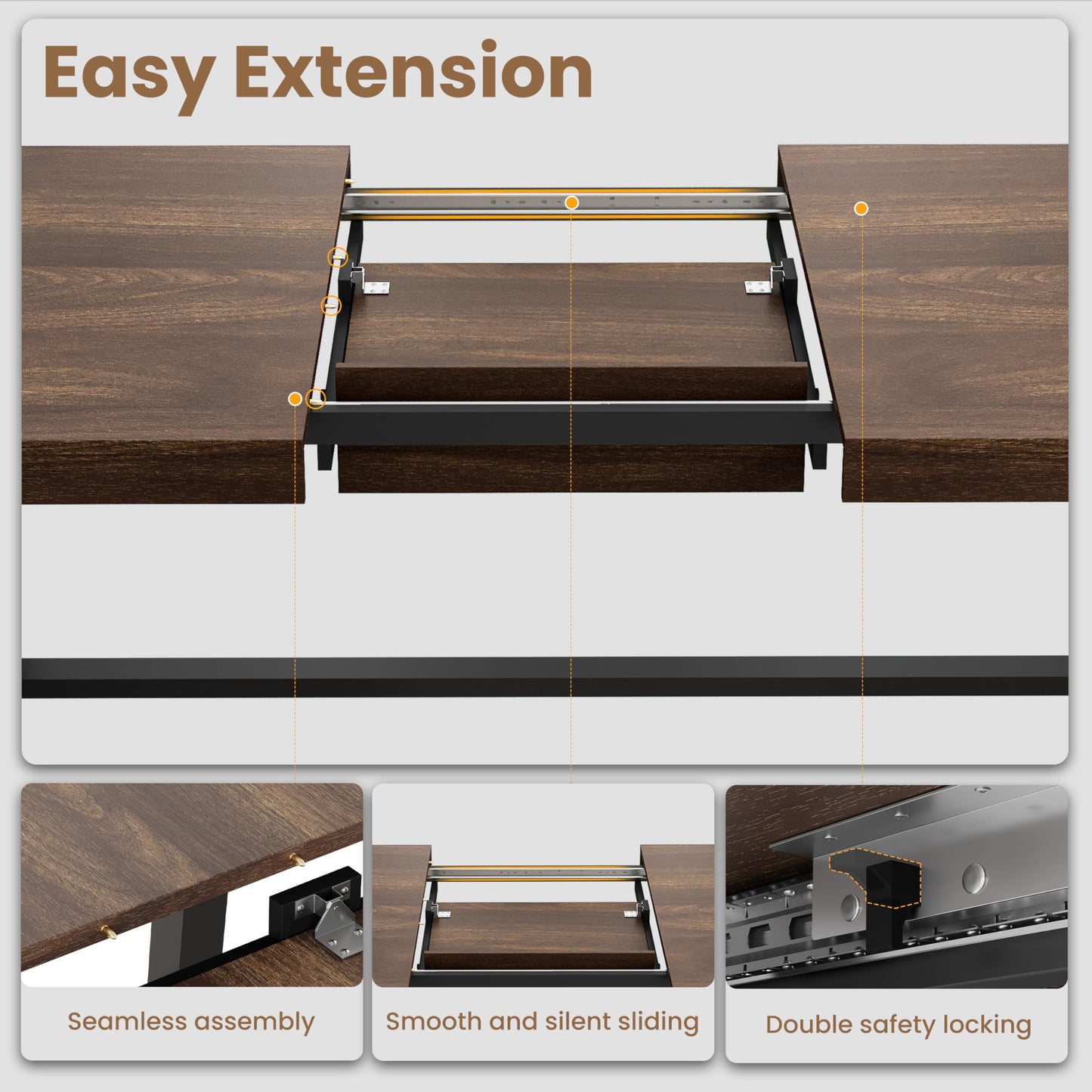 GarveeHome 63-83" Extendable Dining Table, Industrial Rectangular Dining Room Table for 6-8 People, Expandable Kitchen Table with Heavy Duty Metal Frame for Dining Room, Kitchen & Parties, Brown