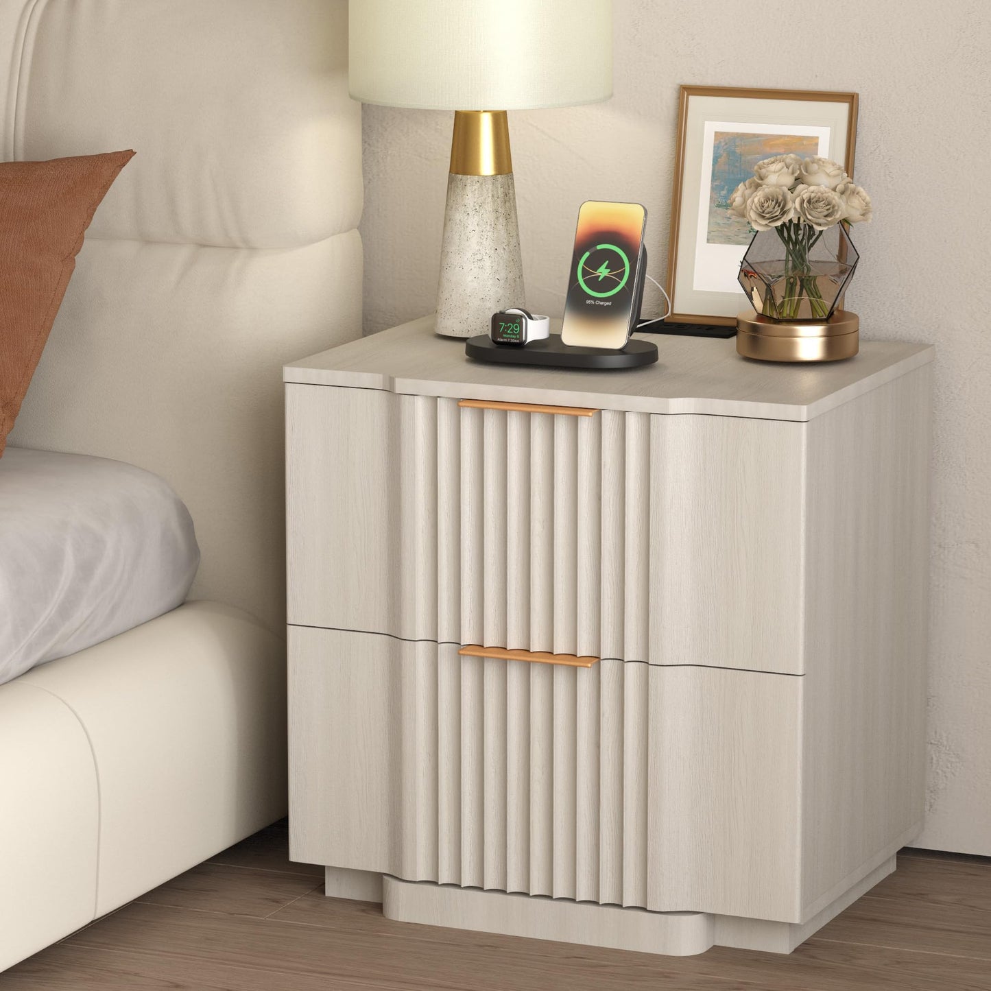 XIAO WEI Nightstand with 20W Fast Charging Station Set of 2, Fluted Nightstand with Drawers Set of 2, 21.7" Wide End Table with Storage,Night Stand for Bedroom, White