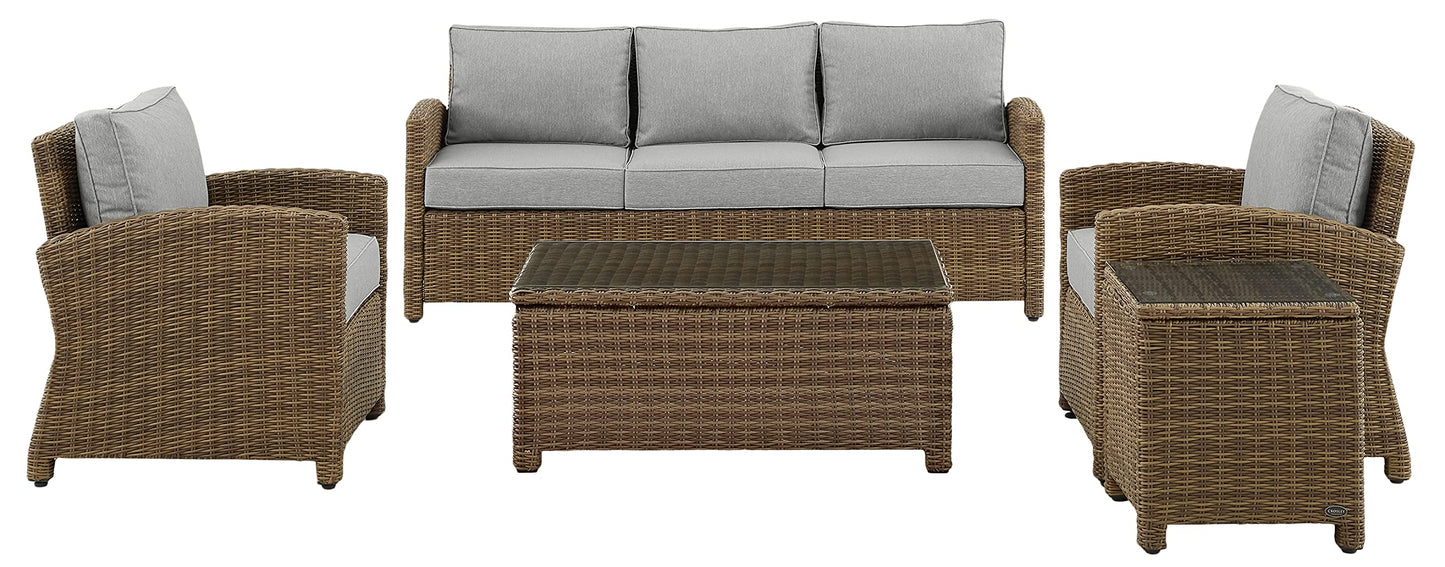 Crosley Furniture Bradenton 5-Piece Outdoor Sofa Patio Furniture Set, Wicker Conversation Sets for Porch, Brown with Gray Cushions