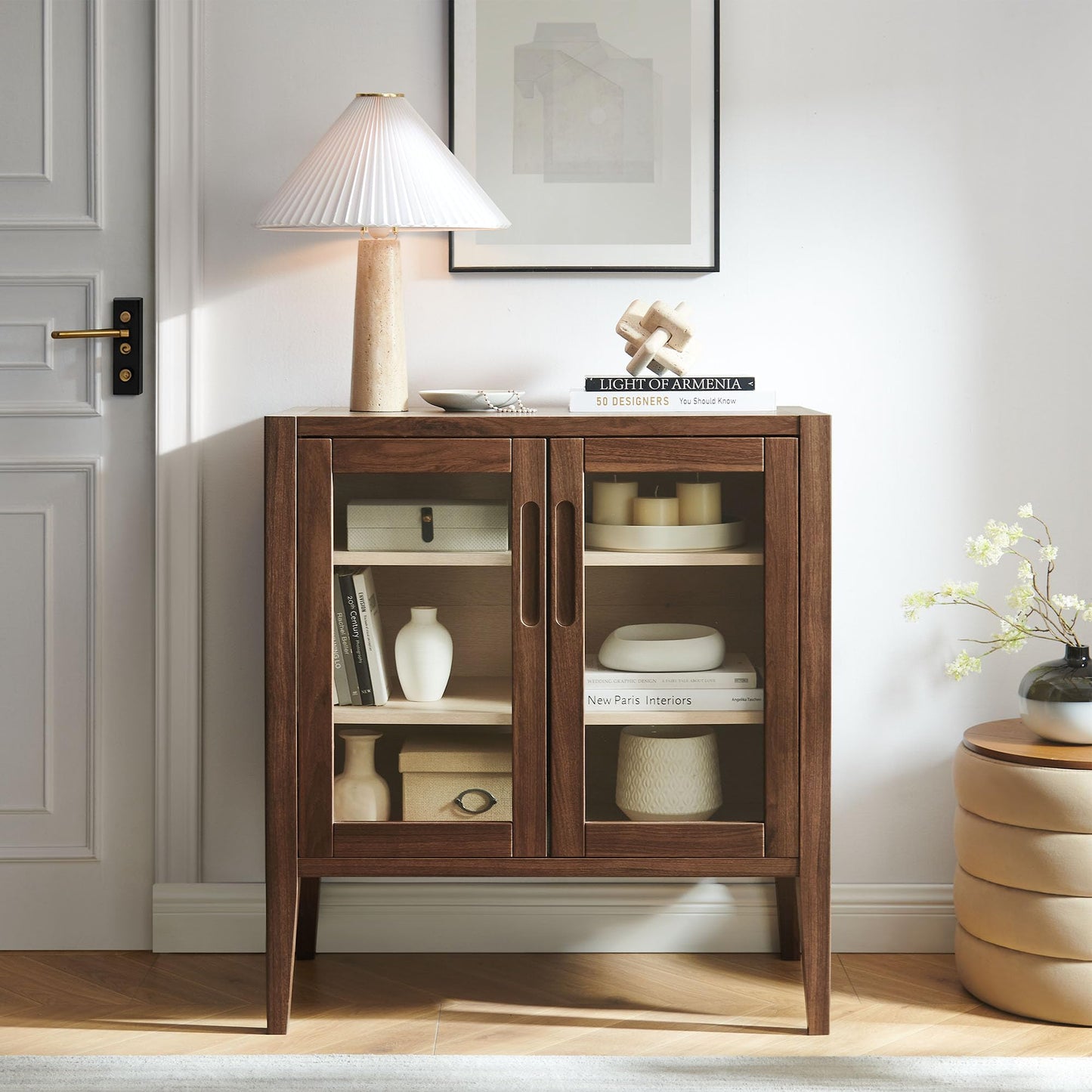 Modway Nell 36 Inch Accent Storage Cabinet in Walnut – Tea/Coffee Small Buffet Cabinet with Shelves for Living Room, Hallway, or Entryway