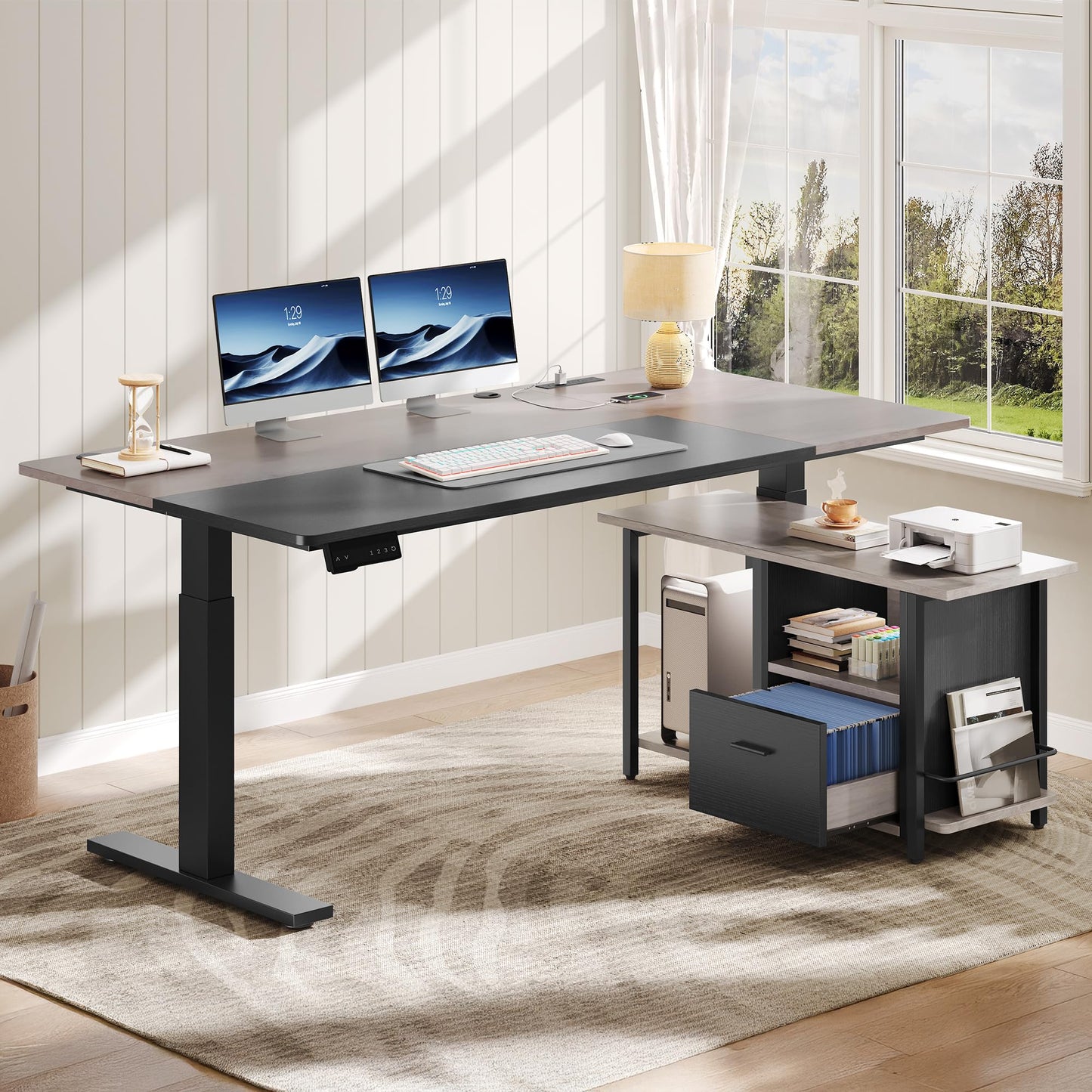 YITAHOME L Shaped Standing Desk with Power Outlets, 70.1" Electric Standing Desk Adjustable Height Sit Stand Corner Standing Desks Executive Desk with Drawers & Shelves, Grey + Black