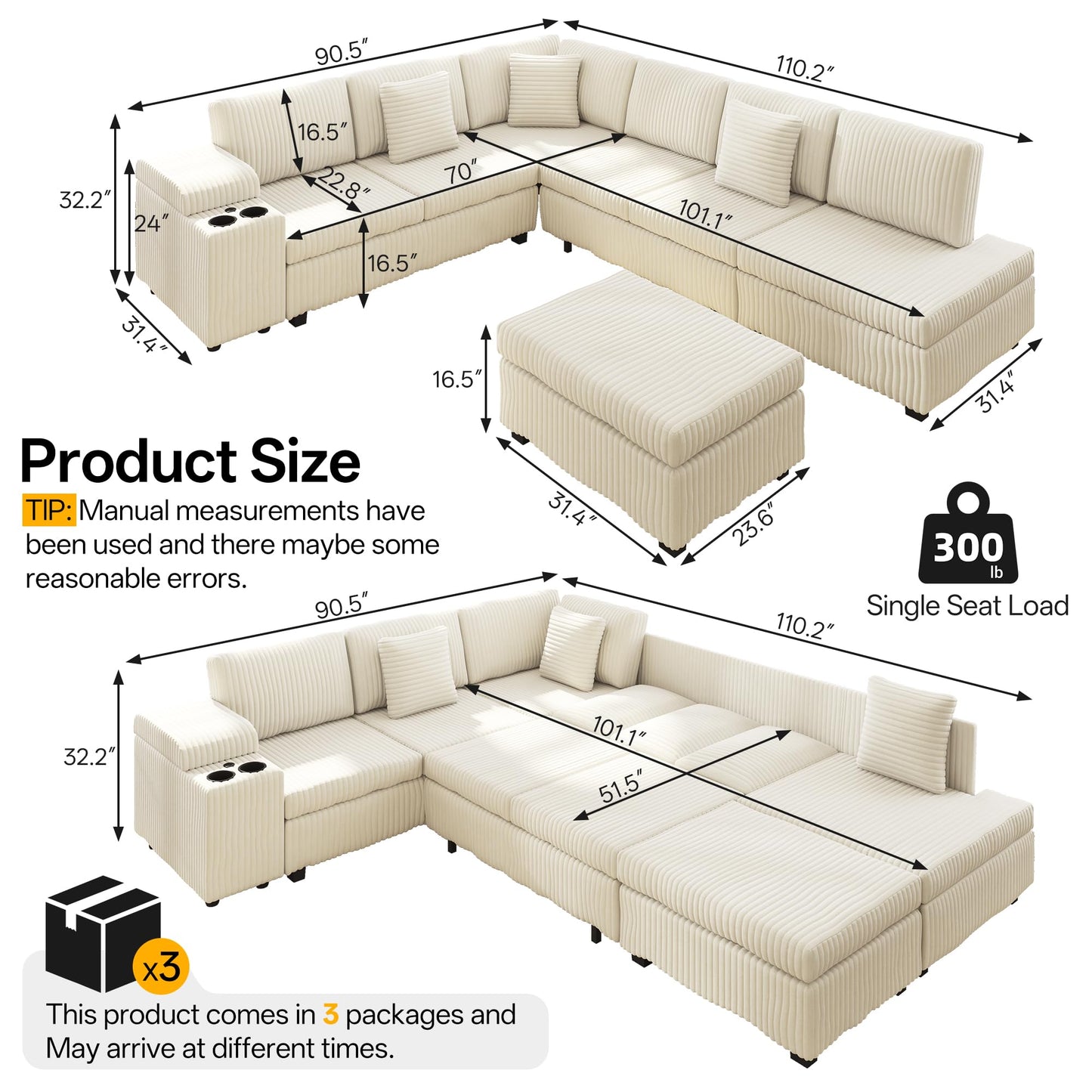KEIKI 110" L-Shaped Oversized Plush Corduroy Modular Sectional Sofa with Pull-Out Bed, Convertible 6-Seater Sleeper Couch Bed with 1 Ottomans & USB & Cup Holders, Easy Assembly, for Living Room, Beige