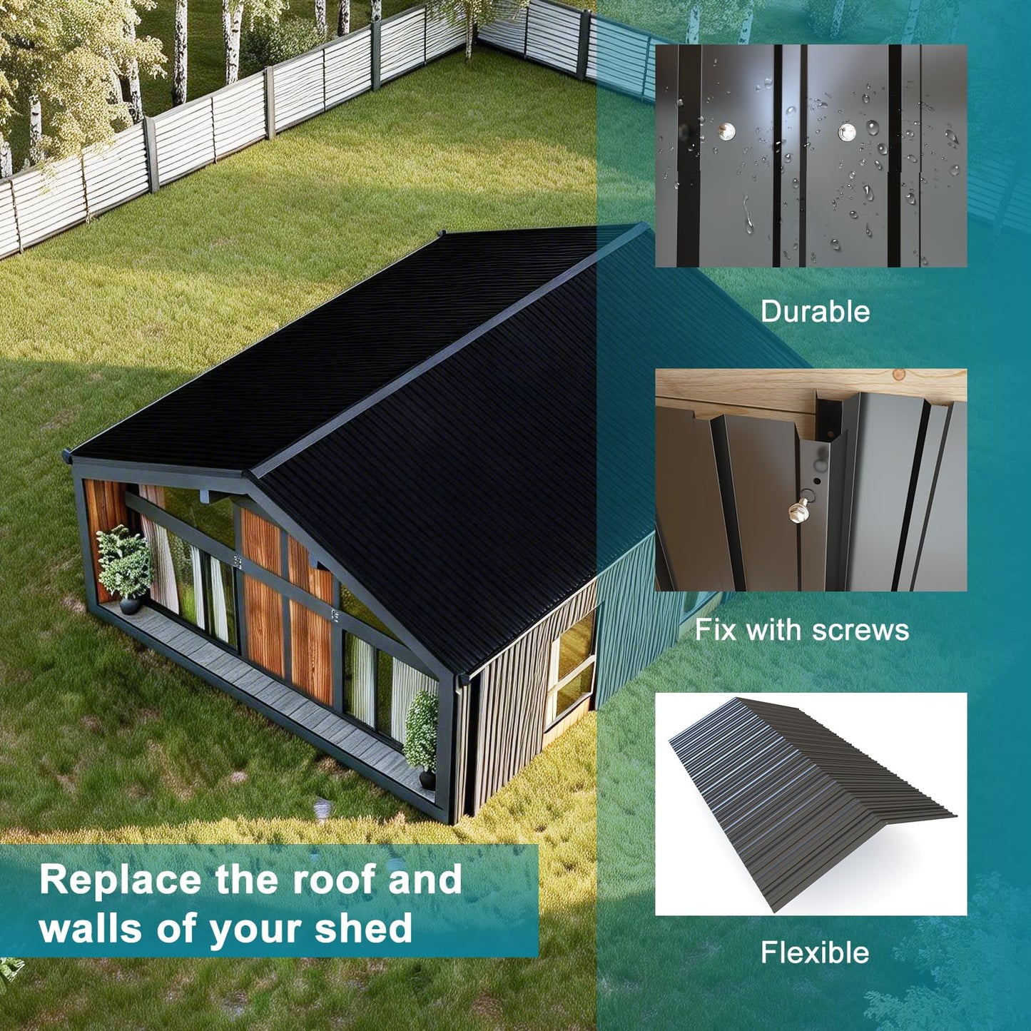 NeatiEase 20 Pcs Metal Roofing Panels, 5.1 Feet Corrugated Galvanized Roofing Panels Metal Siding Panels with Steel Screws for Pergola, Gazebo, Shed, Outdoor Storage, Chicken Coop,Garages (Black)