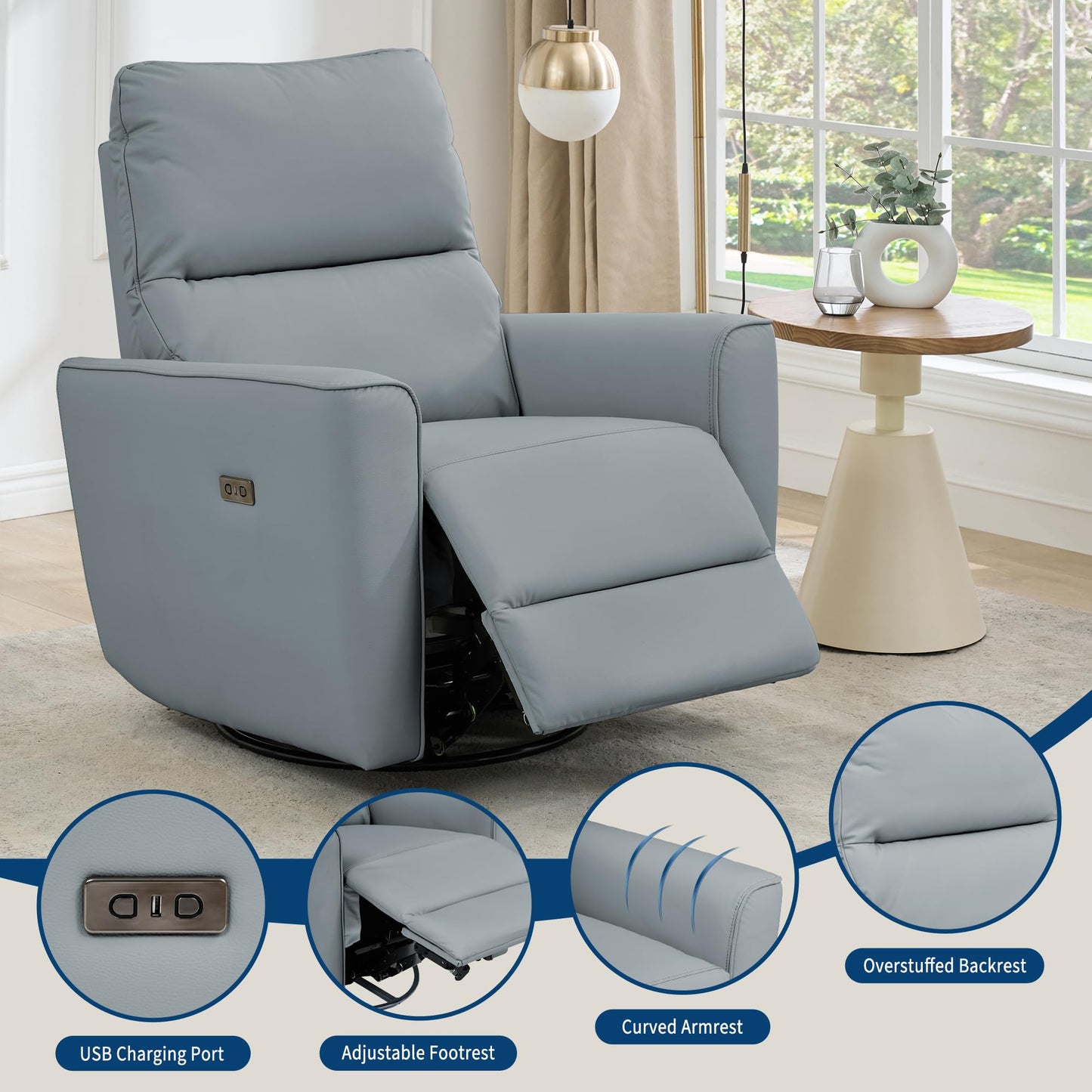 Garvee Power Swivel Glider Recliner Chair with USB Port & Lumbar Support – Effortless Rocking, Recline & Comfort for Living Room, Nursery & Home Theater