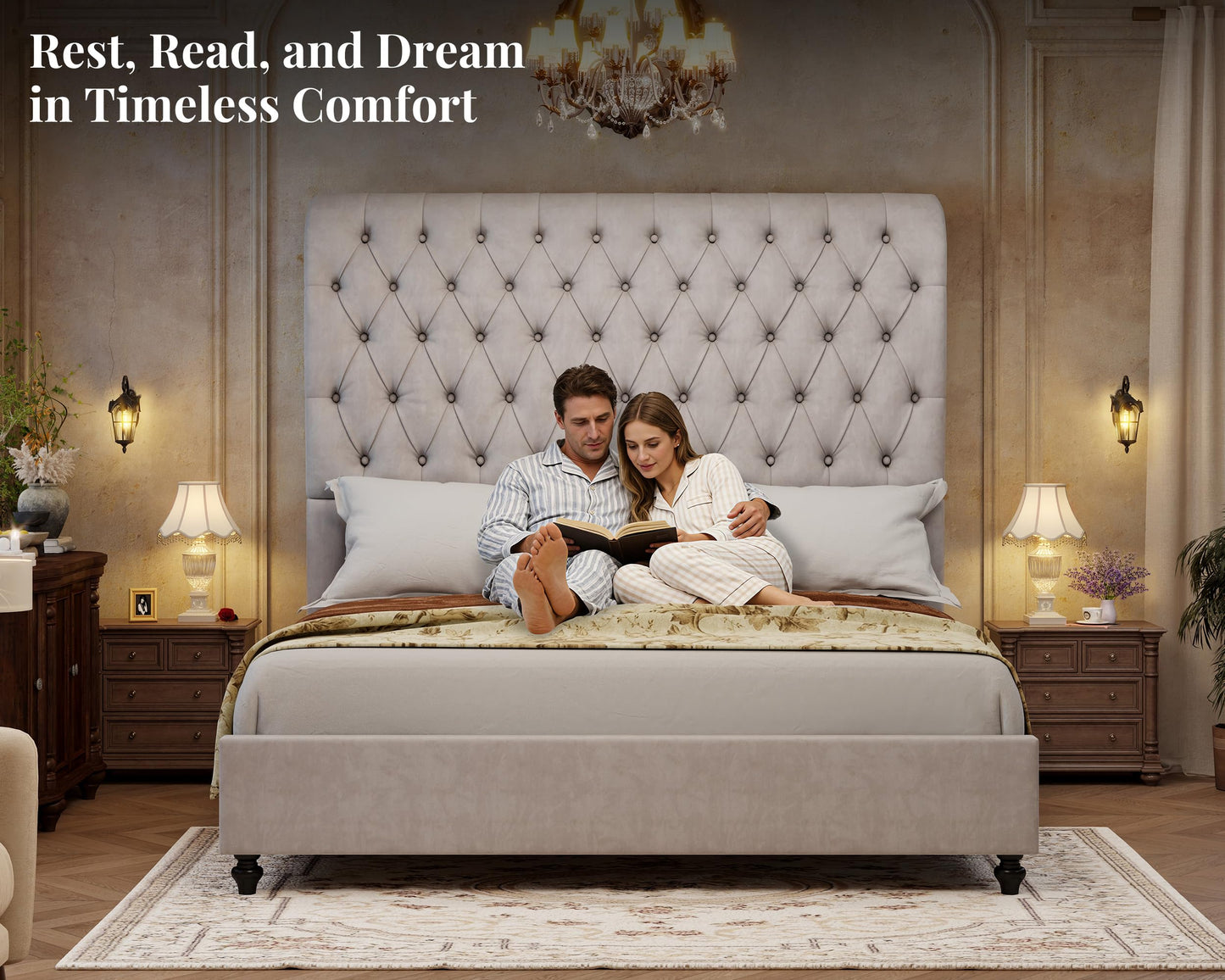 Jocisland Queen Size Bed Frame with 59" Tall Upholstered Headboard, Luxury Velvet Bed with Handcrafted Deep-Tufted Design and Solid Wood Legs, Noise-Free Platform, No Box Spring Needed, Cream