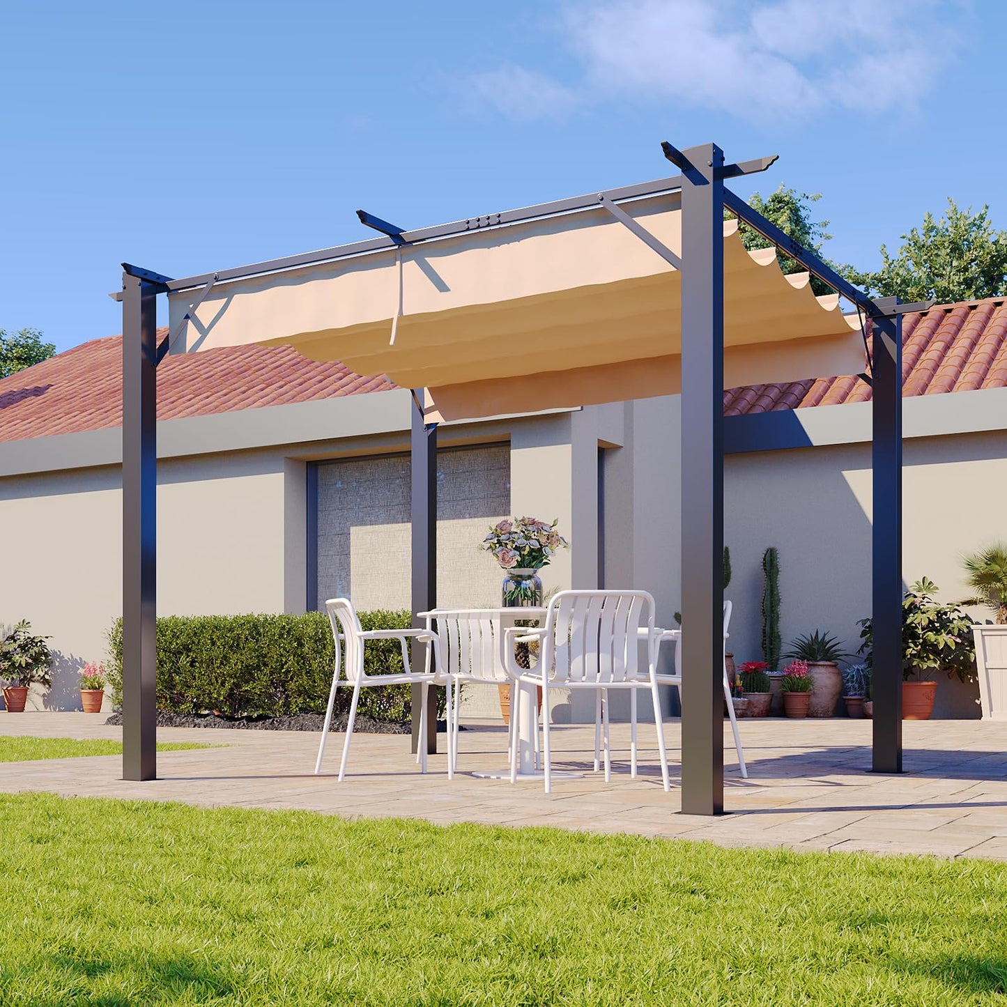 Aoxun 10'x10' Outdoor Pergola, Heavy Duty Metal Frame Patio Pergola with Adjustable Retractable Sun Shade Canopy, Modern Backyard Pergola for Garden, Deck, Patio, Lawn and Outdoor