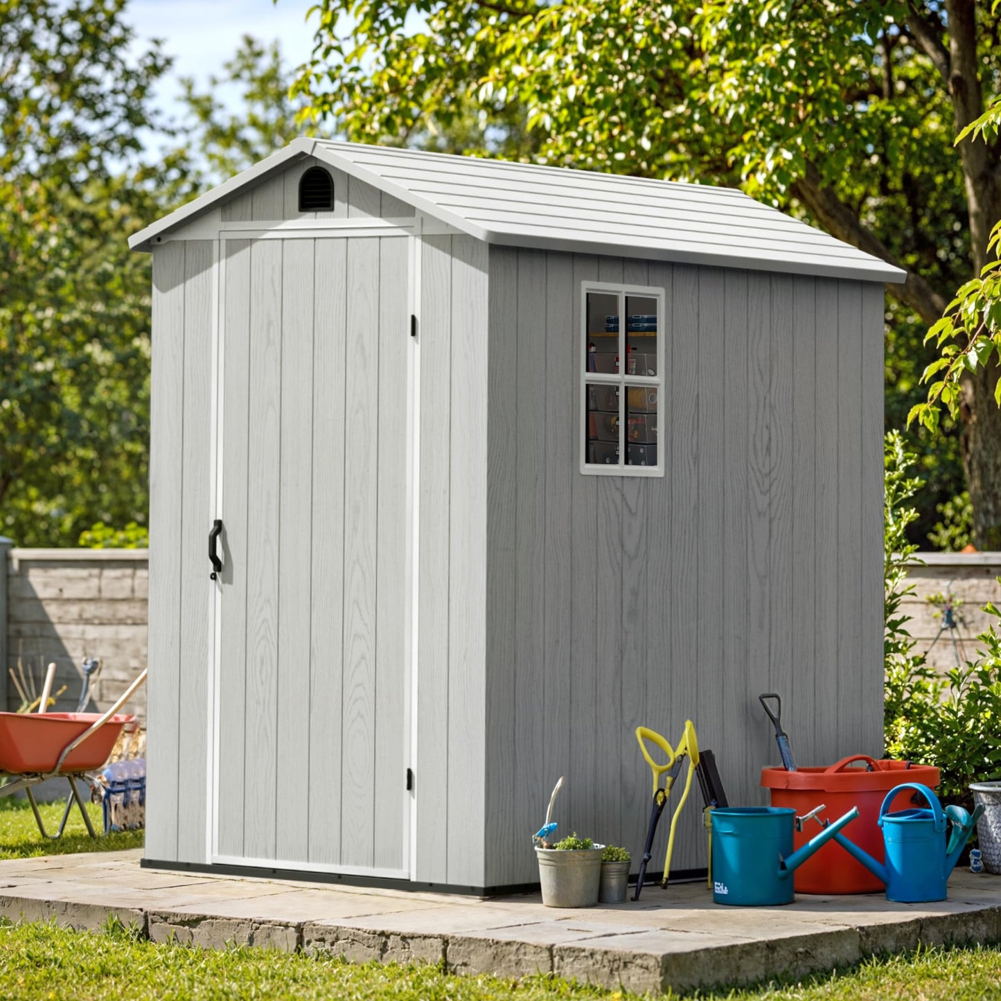 Greesum 4x6FT Plastic Storage Shed with Floor, Resin Outdoor Storaged Sheds with Lockable Door, All Weather Tool Shed with Window and Vent, Easy Assembly for Garden, Patio, Yard, Light Gray