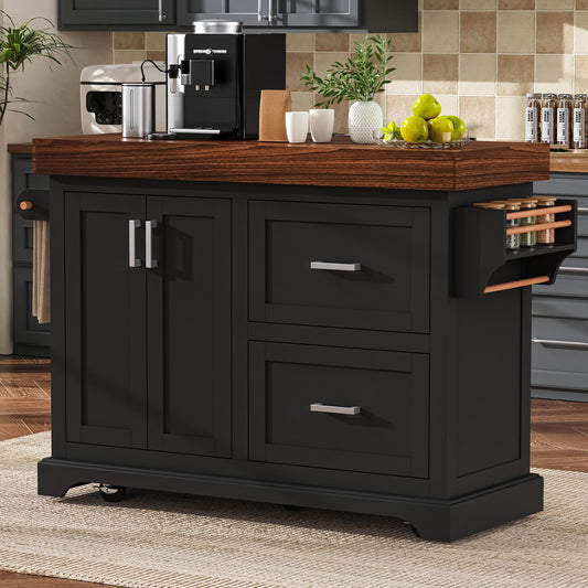 Trygoal 53.2" Rolling Kitchen Island with Storage, 3.5" Thick Countertop, Spice Rack, Towel Rack, Drawer & Cabinet - Mobile Kitchen Cart on Wheels for Kitchen, Dining Room, Black