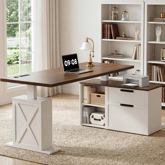 Homiflex 67" L Shaped Standing Desk with Drawers, Electric Height Adjustable Corner Desk, Sit Stand Office Desk with 4 AC Outlets & Type C Port, Executive Computer Desk with Cabinet, Brown & White