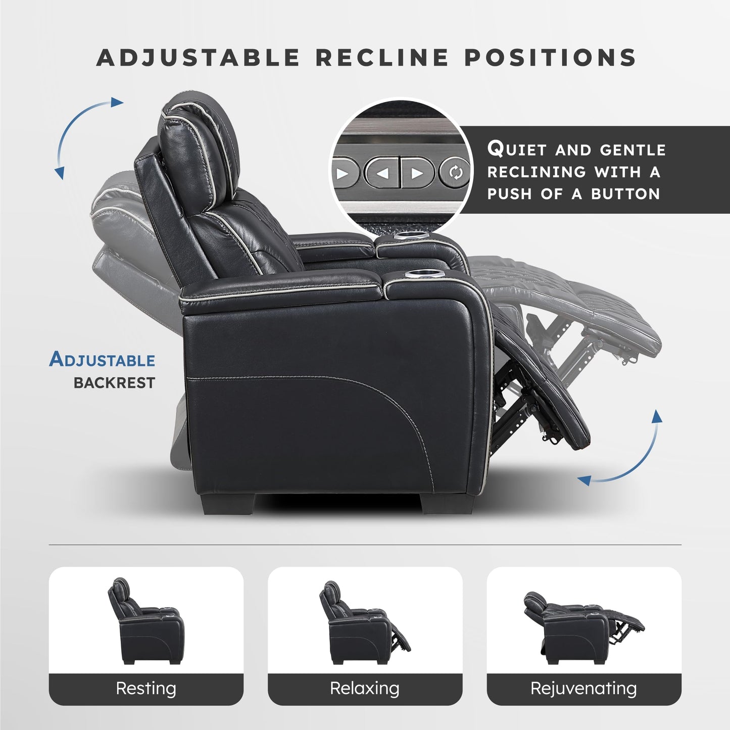 Lexicon Power Double Reclining Sofa, Center Drop-Down Table with Heat/Massage/Headrest/Storage Arms/Cup Holders/LED Lights/Wireless Charging, Top Grain Leather Match Wall Hugger Recliner Sofa, Black