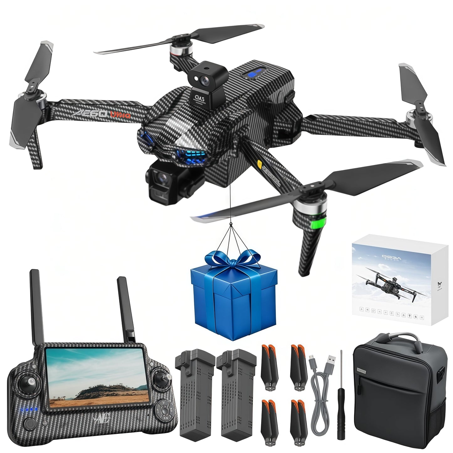 EcuFlyAi AE60 Drone with Camera 4K for Adults & Beginners, GPS Drone with 3-Axis Gimbal, 1.3lb Payload Release and Drop, 1968FT Long Range, 45 Min Flight Time, 360° Obstacle Avoidance, Night Vision FPV Drone with 7.2" Screen Controller, Foldable (2 Batter