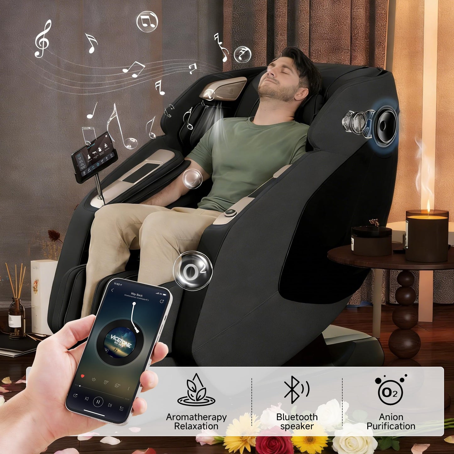 Real Relax 4D Massage Chair Full Body, Zero Gravity SL Track Recliner with Backlit Toch Pad, Negative Ion Purification, Aromatherapy, 20 Auto Modes, Yoga Stretching, Auto Body Scan, Black