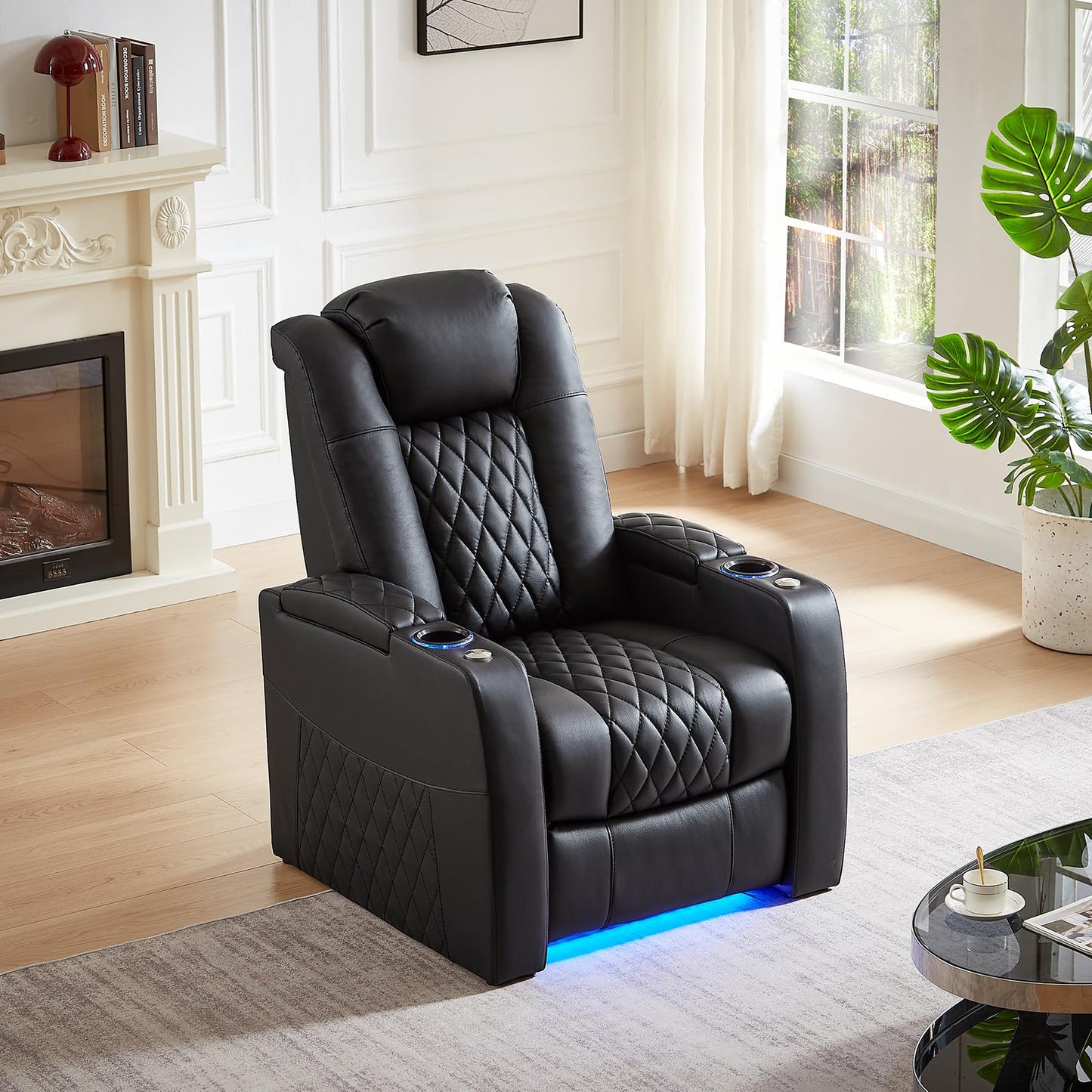 comfiroom Leather Home Theater Seating, Classic Series Game Seats Movie Theater Chairs Recliner Sofa with Type-C USB Charger Port, Bedroom Sofa Chair for Living Room (Black, Row of 1)
