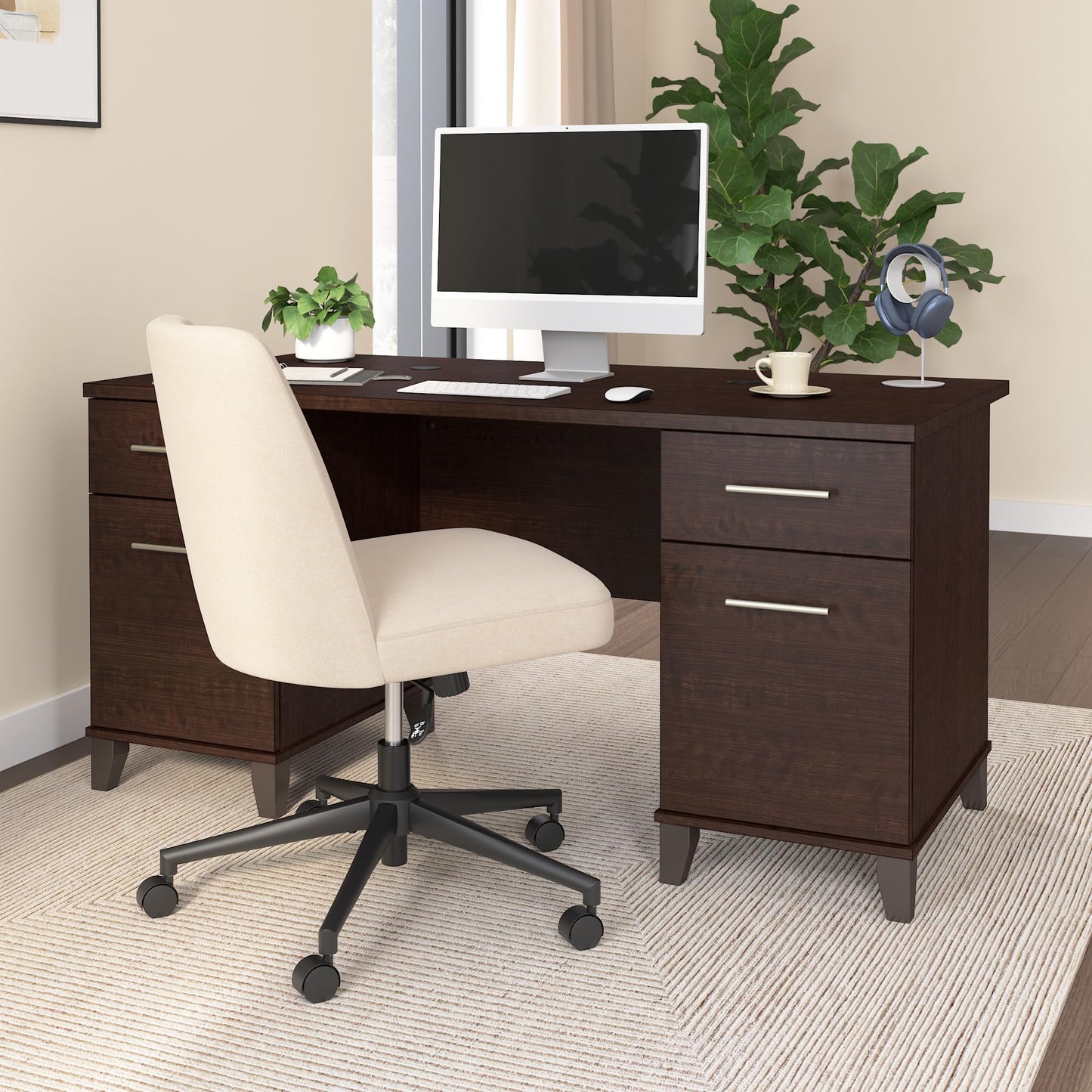Bush Home 60-Inch Office Desk with Drawers, Computer Desk with File and Box Drawers, Home Office Workstation with Storage Cabinet, Writing Desk Furniture, Somerset Collection, Mocha Cherry