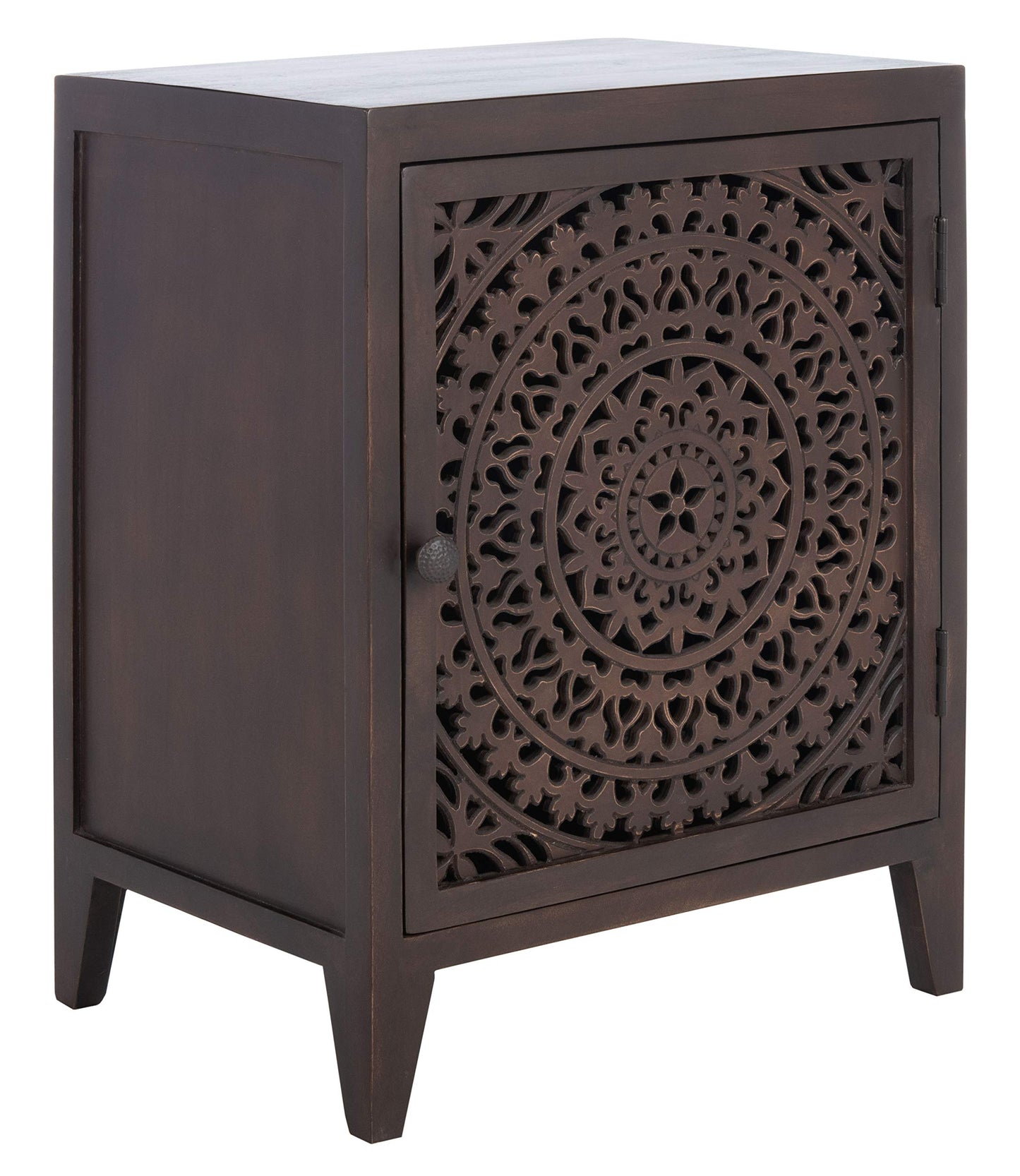 SAFAVIEH Furniture - Thea 1-Door Carved Nightstand - Brown - Mango Wood - Artisan Global Design - Ideal for Bedroom, 20"W x 14"D x 26"H - Fully Assembled (NST5300A)
