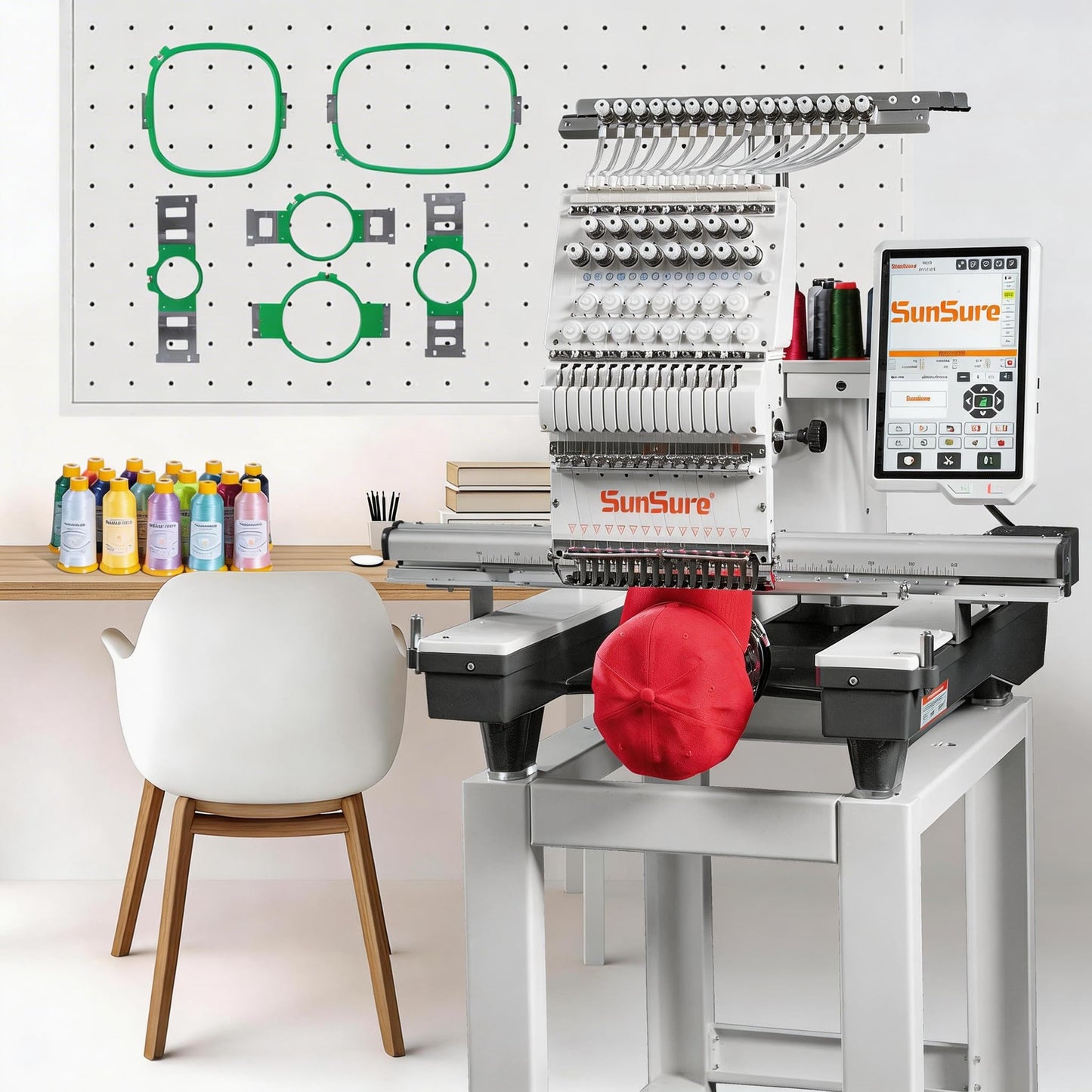 SUNSURE 10-Needle Home Embroidery Machine with Smart Touch Screen,9.5"x14.2" Embroidery Area,1200SPM Max Speed,T-Shirts,Hats,Tote Bags,3D&2D Cap,flat System include,pattern Free design Support