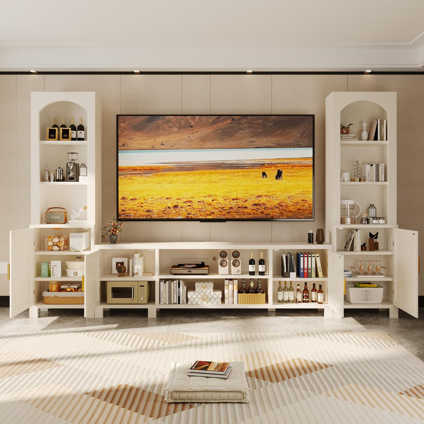 94" W 3-Piece Entertainment Center with Bookshelves for TVs up to 70", Large Wall Unit TV Stand with Power Outlets & Storage Cabinets, Modern Wood Media Console for Living Room, Bedroom, Office