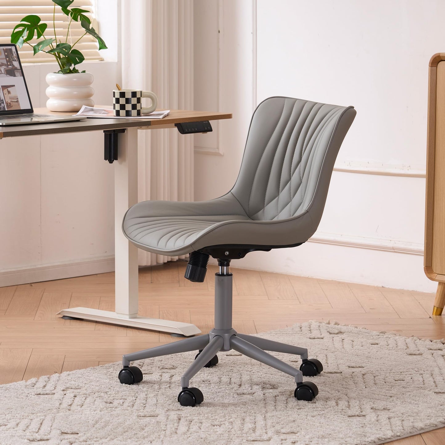 YOUTASTE Grey Armless Office Chair, Modern Adjustable Swivel Desk Chair with Wheels, Upholstered PU Leather, Gray Metal Legs, Back Support for Home Office, Study, Vanity, Bedroom