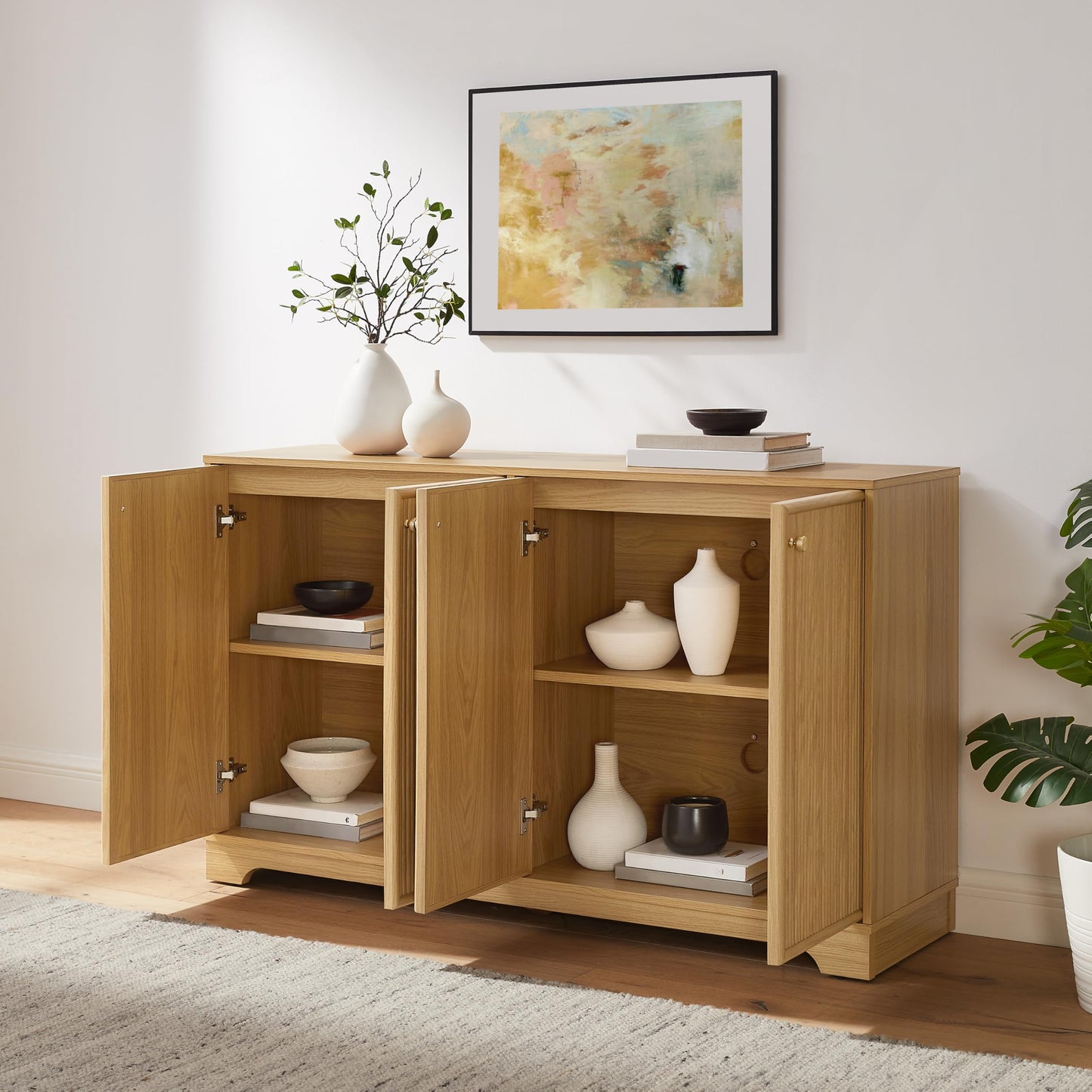 Crosley Furniture Naomi Modern Reeded Sideboard Buffet Cabinet, Credenza, Dining Room, Kitchen, TV Stand, White Oak