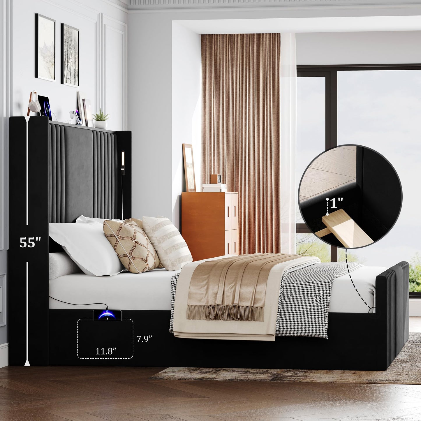 Uteeran King Size Bed Frame with 55.1" Tall Headboard, Velvet Upholstered Platform Bed with Channel Tufted Wingback, 2 Reading Lights/Storage Shelf/Charging Station/Easy Assembly/Noise-Free, Black