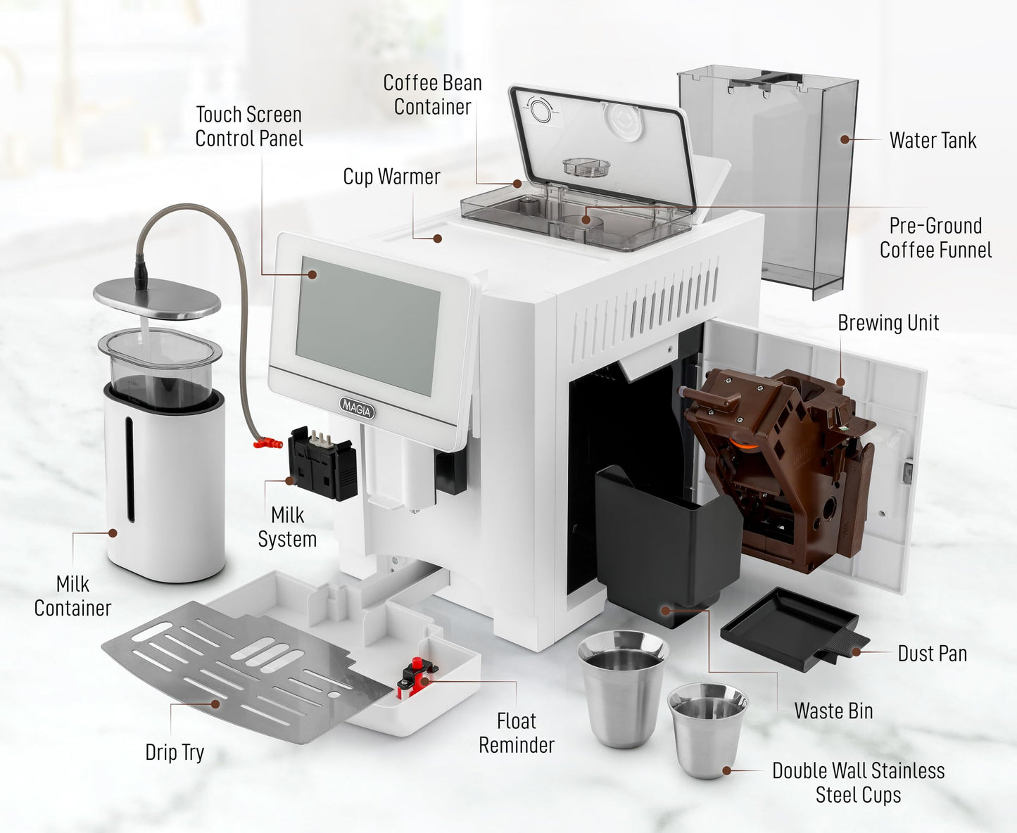 Zulay Magia Super Automatic Espresso Maker Machine with Grinder - 19 Fully Customizable Coffee Options, Auto Cleaning, Milk Foam System - for Latte, Cappuccino - Ultra LUX - White (13.7x17.7x9.4)