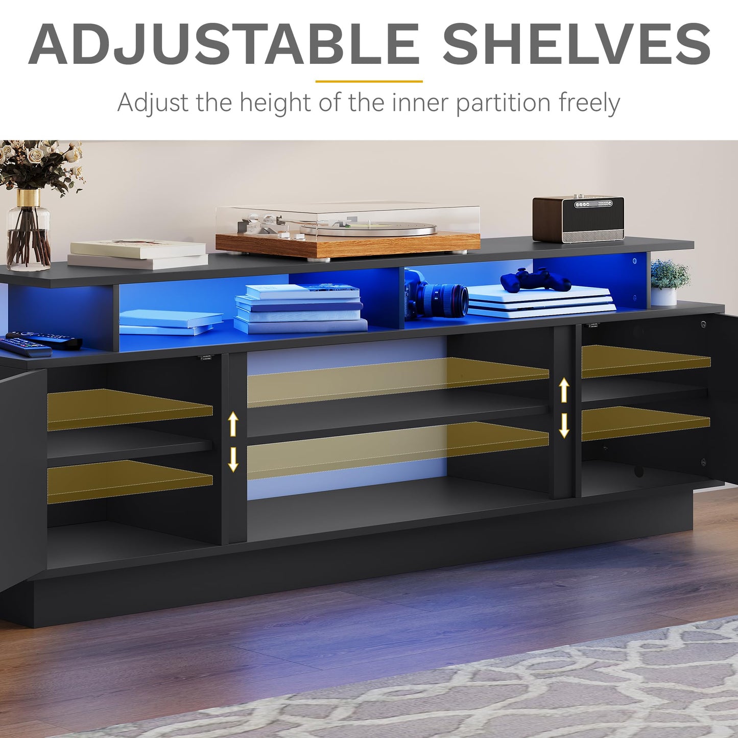 DWVO Modern TV Stand for 75 Inch TVs, Entertainment Center with LED Lights, TV Console with Storage Cabinets & Movable Partition for Living Room, Black