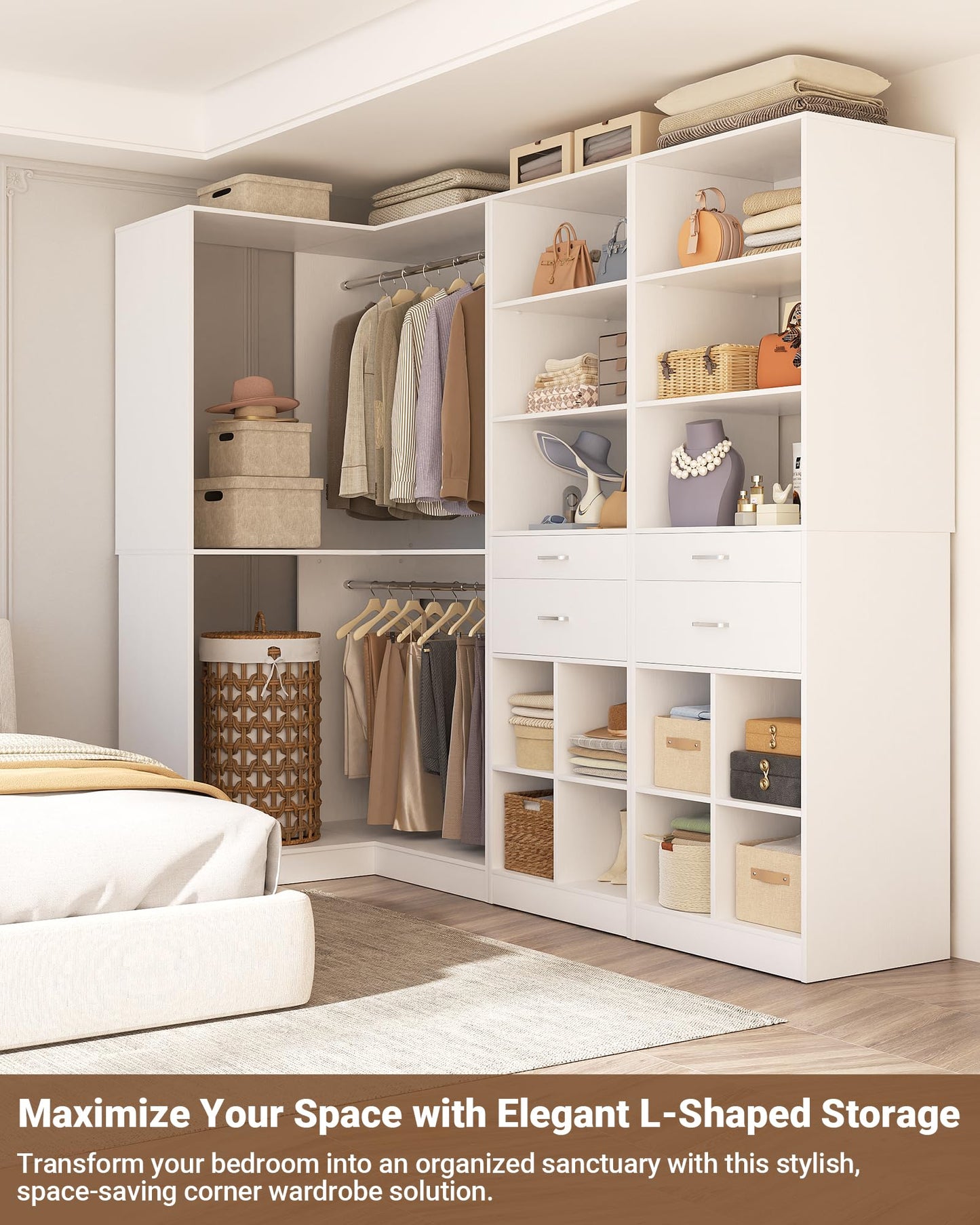 Besiost Closet System with 4 Drawers, 53.5" * 53.5"/ 31.5"*75.5" Closet Organizer System with Corner Tower, L Shaped Walk-in Closet System, Corner Closet System with Shelves, Set of 3, White