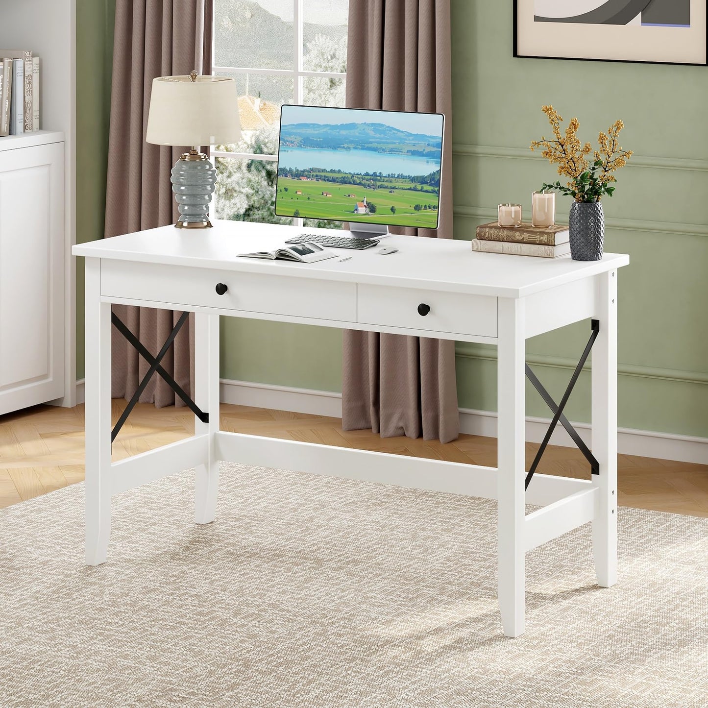 JSB 43.3'' White Computer Desk for Home Office,Farmhouse Executive Desk with 2 File Drawers,Study Writing Table Storage Cabinet,Makeup Vanity Desk for Bedroom (White, 43.3in)