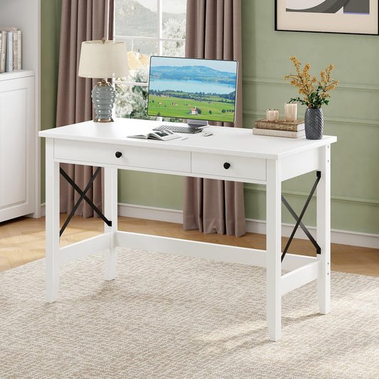 JSB 43.3'' White Computer Desk for Home Office,Farmhouse Executive Desk with 2 File Drawers,Study Writing Table Storage Cabinet,Makeup Vanity Desk for Bedroom (White, 43.3in)