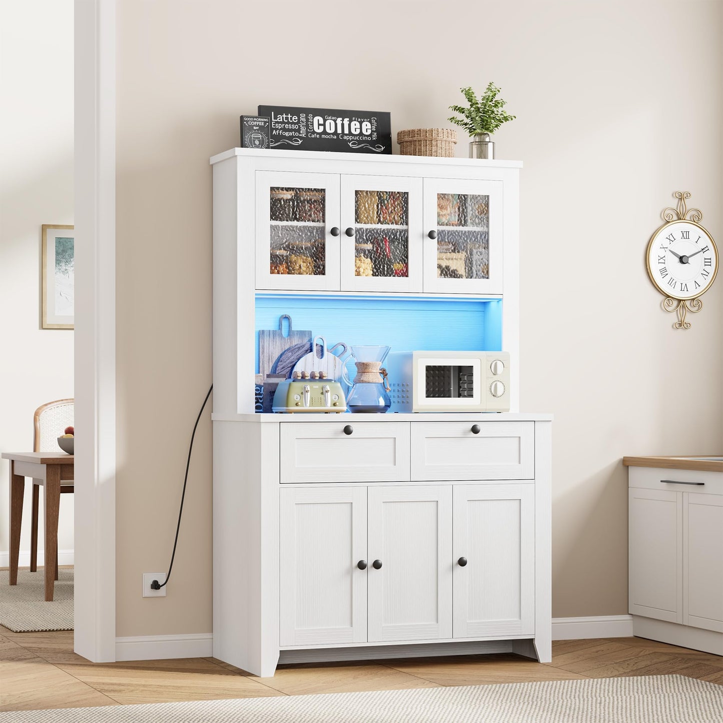 Garvee 66" Tall Pantry Cabinet with LED Lights & Charging Station, Kitchen Pantry Storage Cabinet Kitchen Hutch Coffee Bar with Adjustable Shelves for Dining Room, Living Room