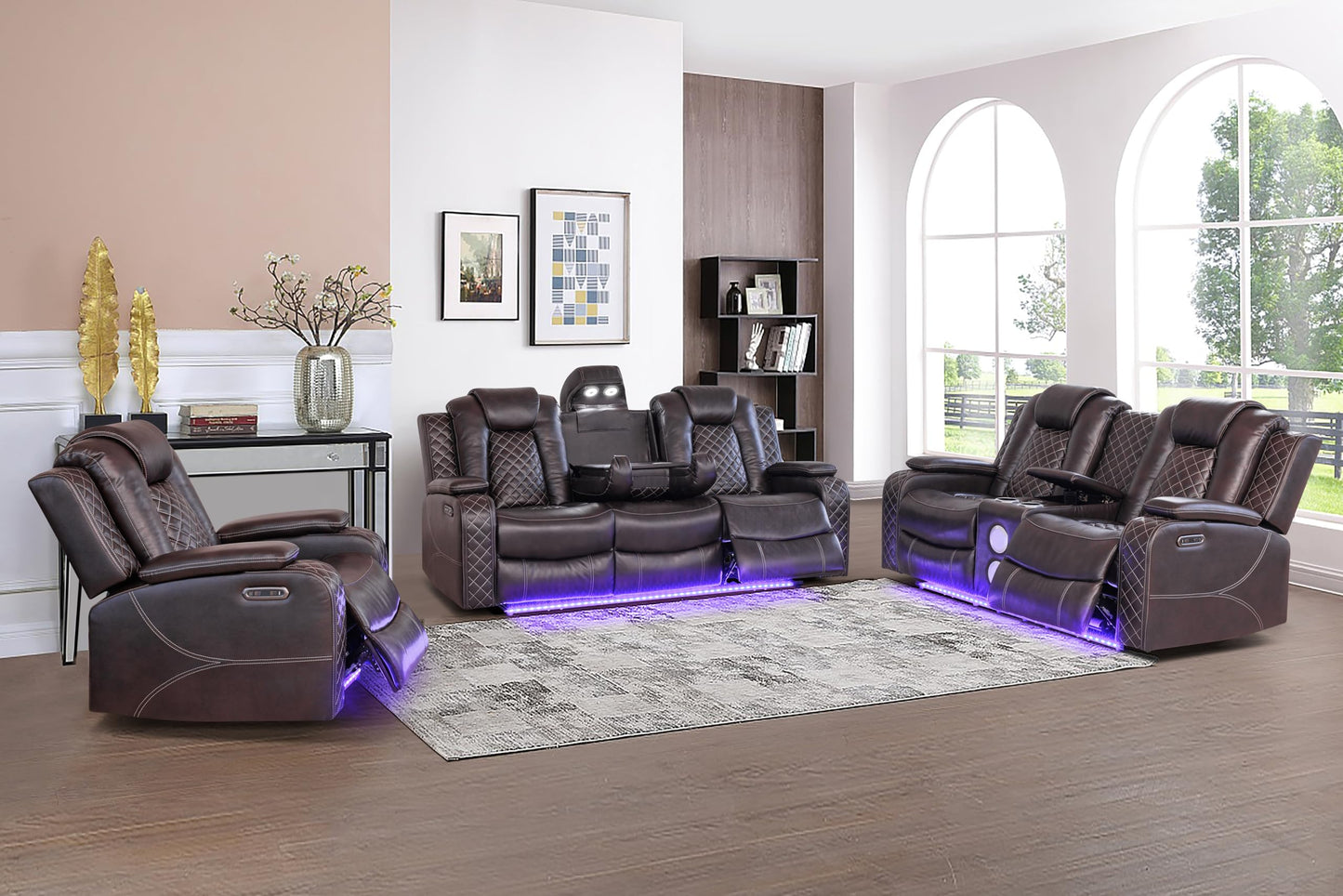 Ball & Cast Power Recliner Sofa Set Leather Reclining Couch Home Theater Seating 3PCS Recliner Couch Loveseat & Chair Sets with USB Ports,Wireless Charing,Cup Holders for Home Theater,Living Room
