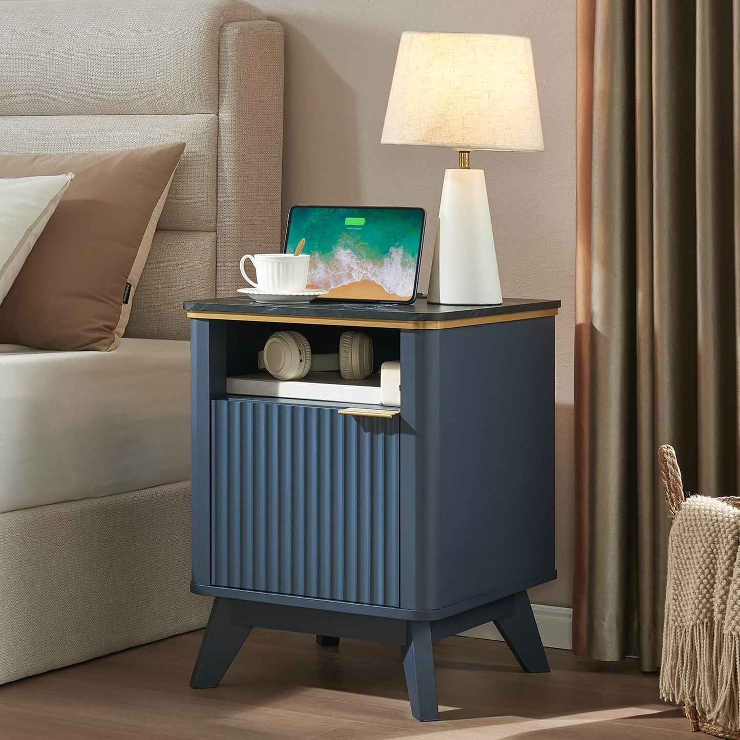 RNLRNL Fluted Nightstand Set of 2 with Charging Station, Bedside Table with Open Storage and Cabinet, 18" Modern Side Table, End Table for Bedroom, Living Room, Navy Blue
