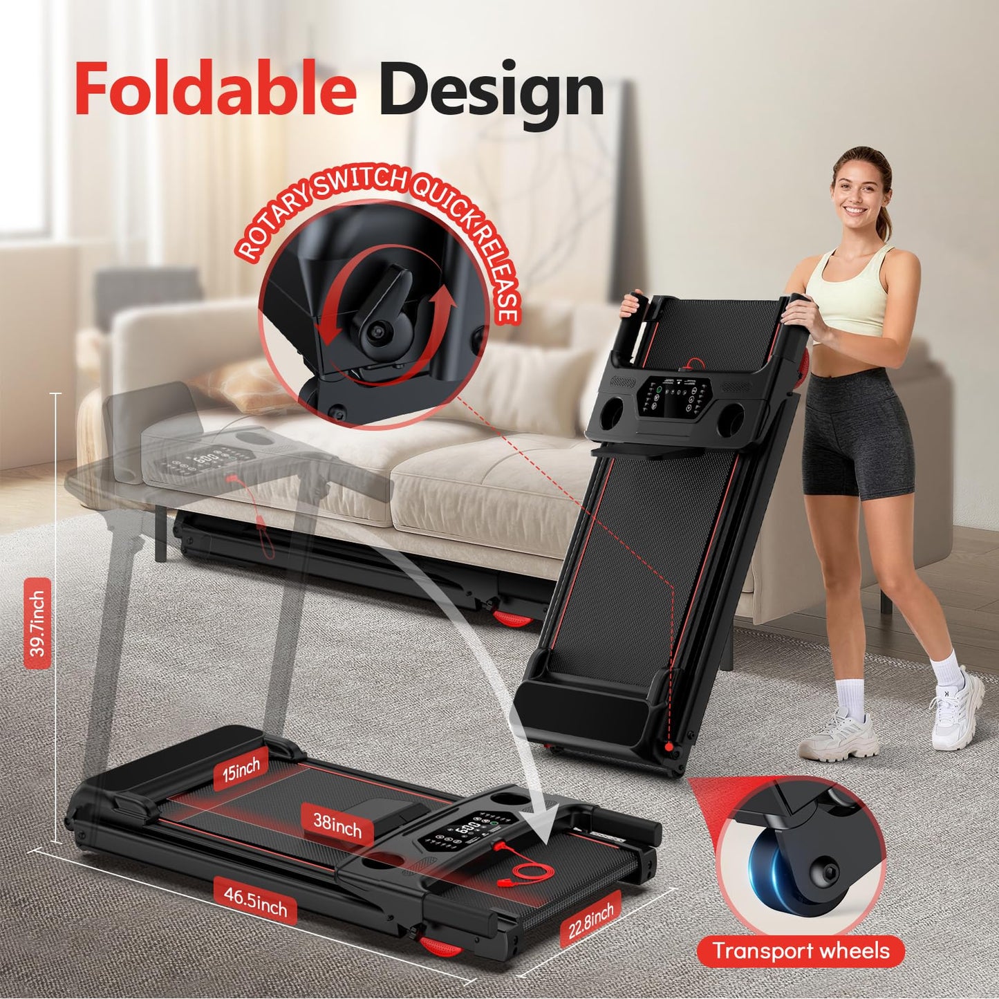 Treadmill with 0-15% Auto Incline, 0.6-7.5MPH Foldable Walking Pad Treadmill with Handle Bar for Home Small, 3.0HP Low Noise Portable Walking Running Machine for Small Space, 350LBS Capacity Black