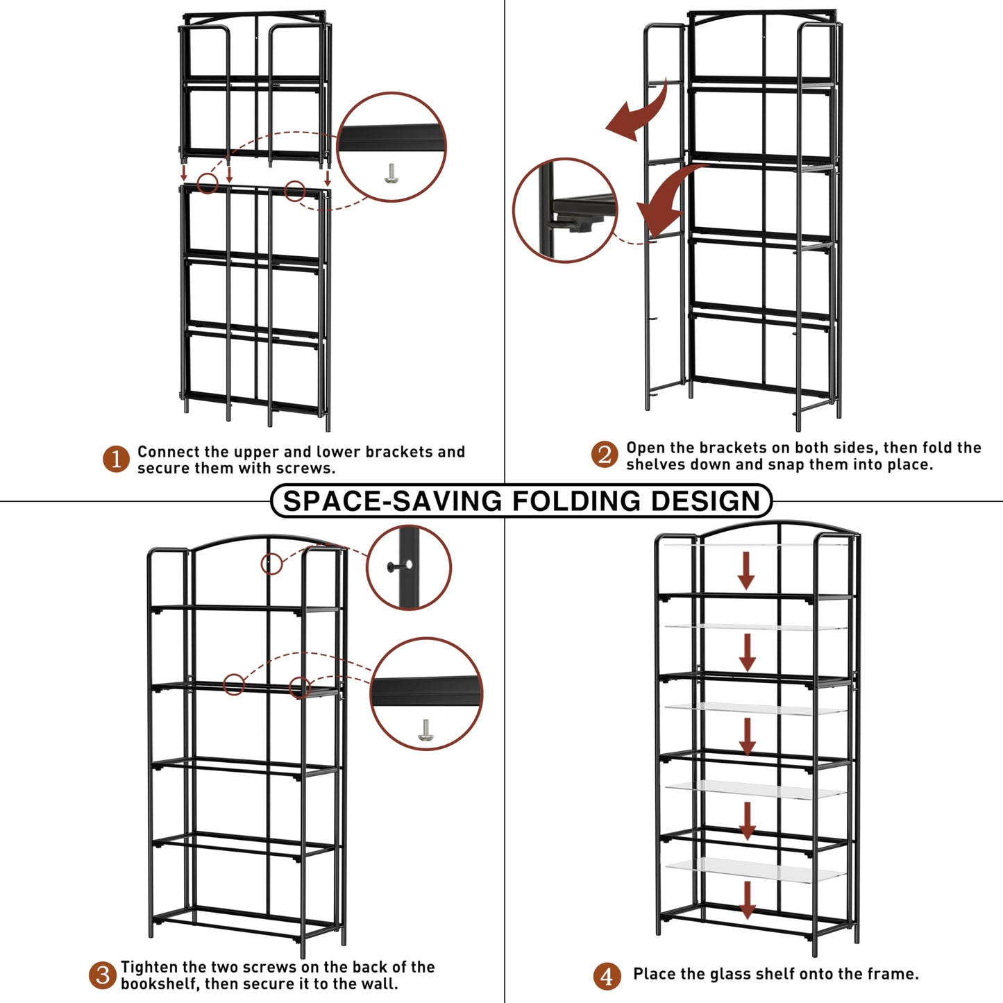 Crofy 5-Tier Wider Foldable Bookshelf, Black Frame & Transparent Shelves